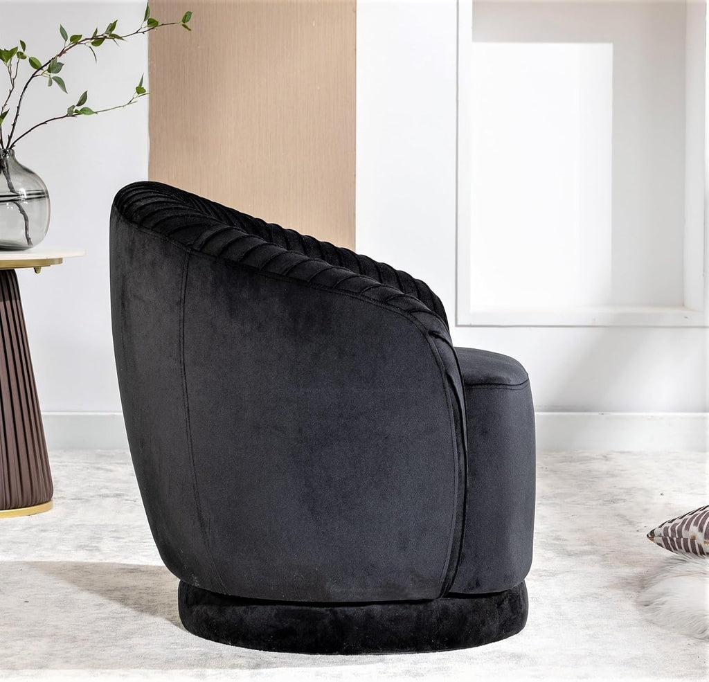 Container Furniture Direct Modern Barrel Swivel Chair with Plush Velvet Upholstery and Smooth 360° Rotation, Round Accent One-Seater Sofa for Living Room, Bedroom, and Office, Black
