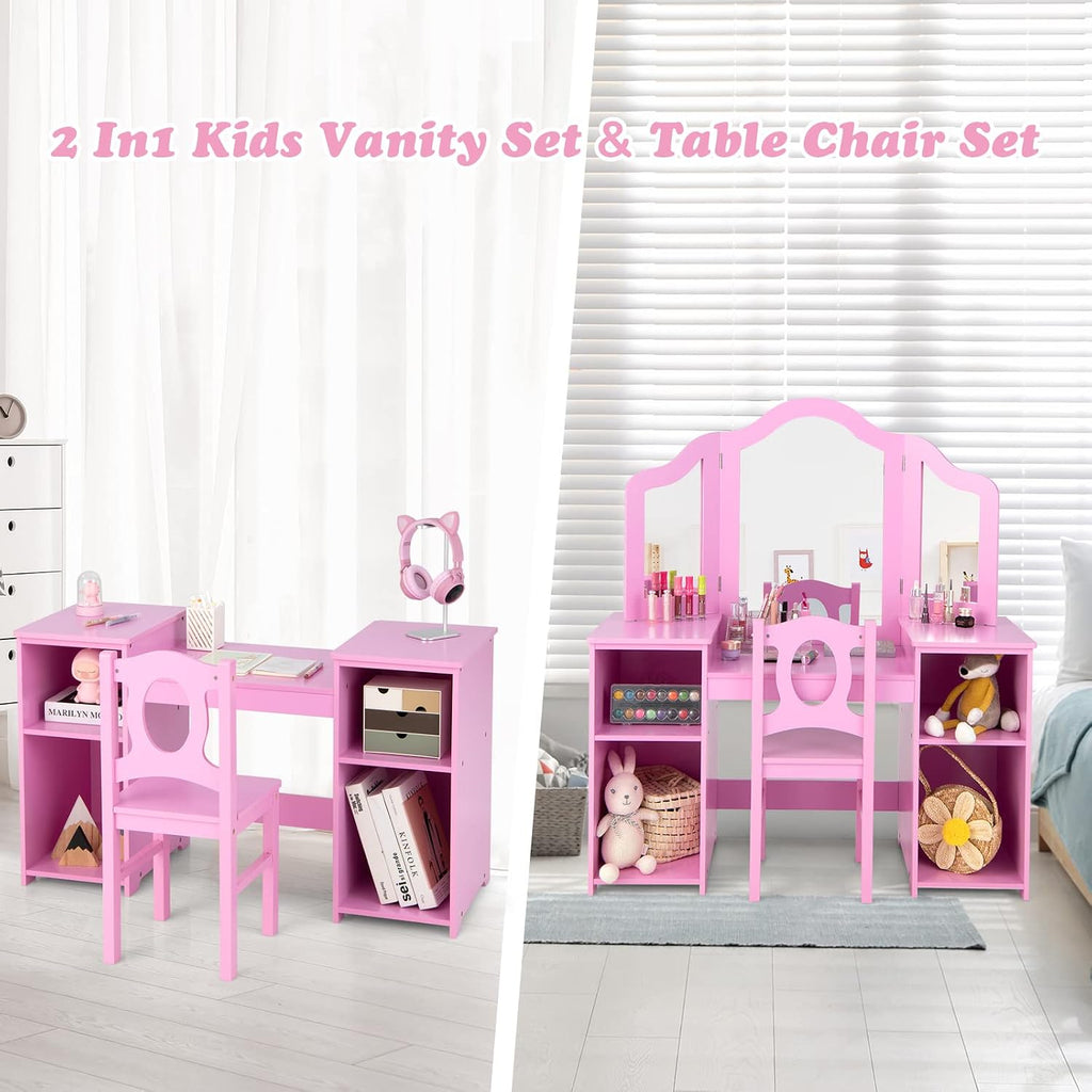 AKUSTIK Kids Vanity, 2 in 1 Pink Wooden Dressing Table and Chair Set for Toddlers with Tri-Folding Detachable Mirror, Storage Shelves, Pretend Princess Beauty Make Up Play Set for Little Girls