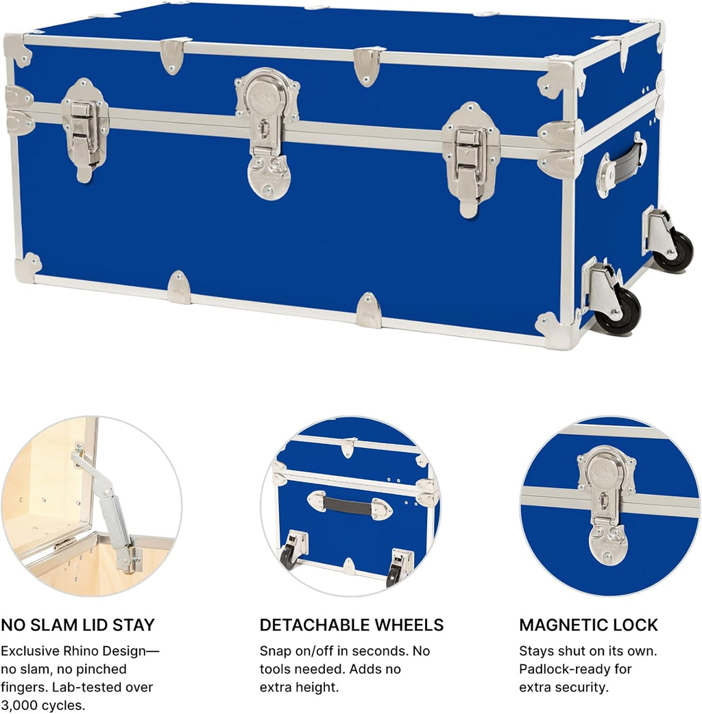 Rhino Trunk & Case Classic Camp & College Trunk with Wheels. 30'x17'x13', 1500+ lbs Capacity - Many Colors, Soft-Close Lid. Strong, USA Made Summer Camp Footlocker and Secure Dorm Storage Chest