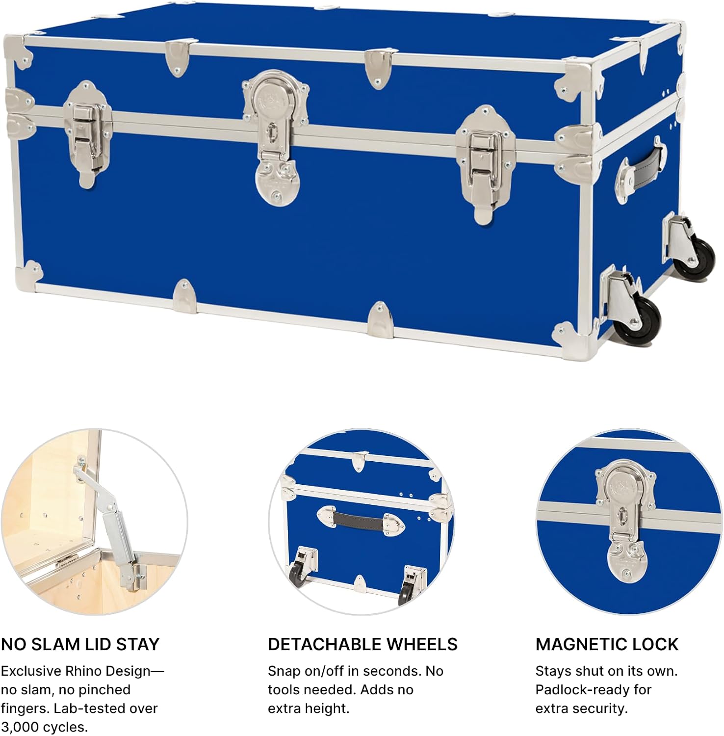 Rhino Trunk & Case Classic Camp & College Trunk with Wheels. 30'x17'x13', 1500+ lbs Capacity - Many Colors, Soft-Close Lid. Strong, USA Made Summer Camp Footlocker and Secure Dorm Storage Chest