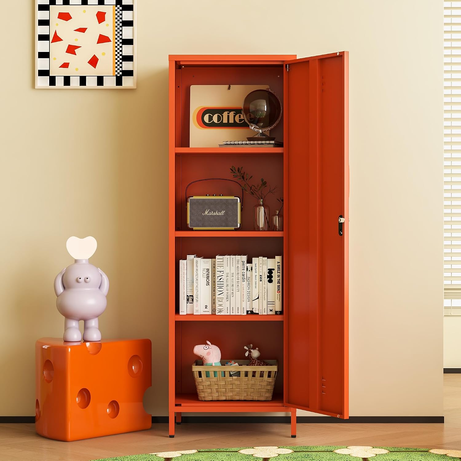 Metal Locker Storage Cabinets 59.06'H Orange Locking File Cabinets Kitchen Food Pantry Cabinet with 2 Doors and Shelves for Dining Room, Living Room,Bathroom Office,Home,Garage, Gym, School