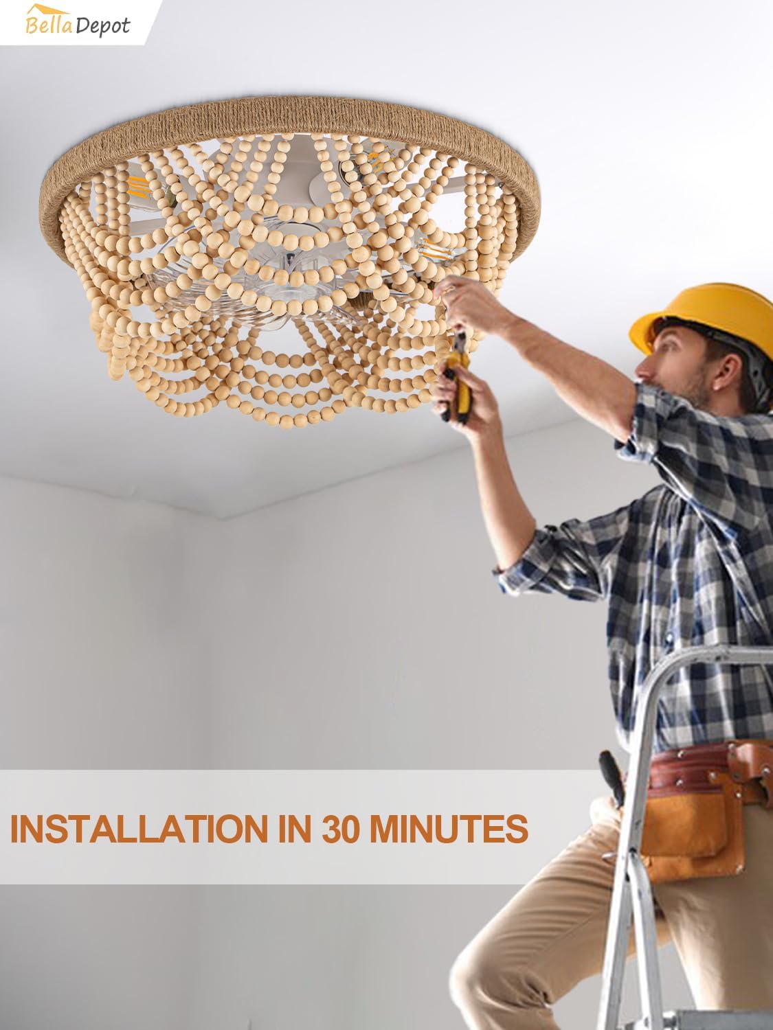 Bella Depot 20' Boho Caged Ceiling Fan with Light, Flush Mount Wood Beaded Fandelier Chandelier Fan, 6 Speeds Reversible Bladeless Ceiling Fan for Bedroom Kids Room Kitchen