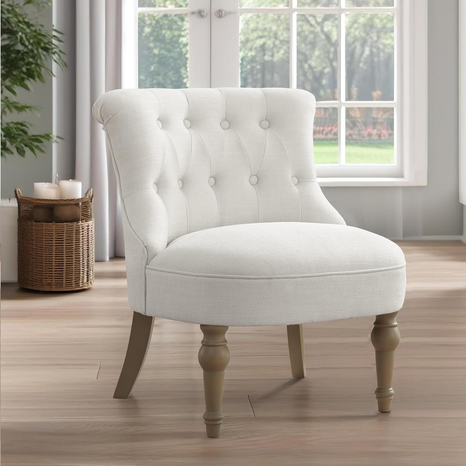 Zihanhome Living Room Chairs, Armless Accent Chair, Comfy Tufted Bedroom Chair, Upholstered Chair with Wooden Legs for Reading Room, Reception, Apartments and Dormitories (Beige)
