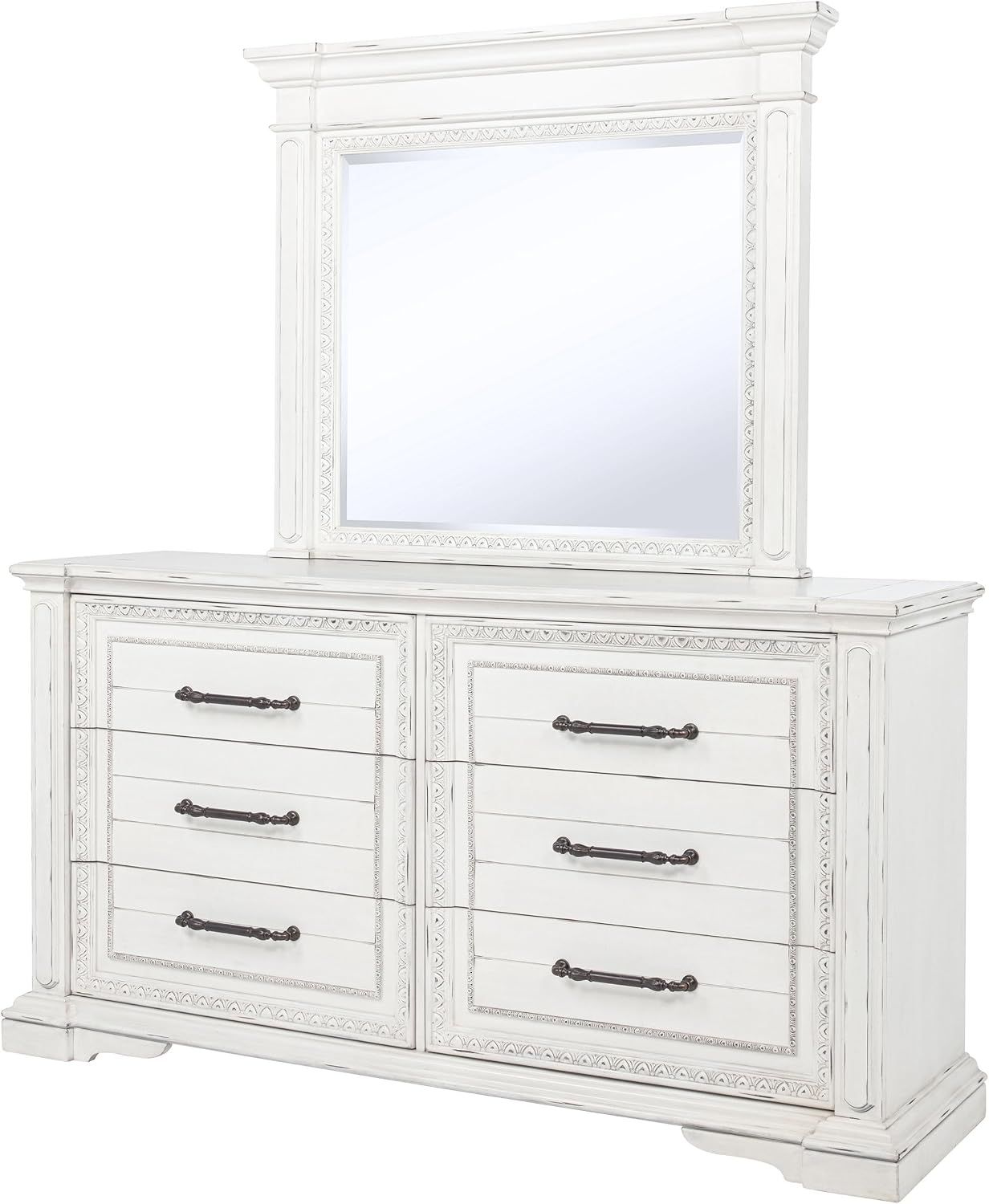 Coaster Home Furnishings - McKinney - Poplar Wood - 6-Drawer Dresser with 50-Inch Rectangular Mirror, Traditional Style, Jewelry Tray, and Antique Bronze Hardware - Bedroom - Vintage White - 215873M