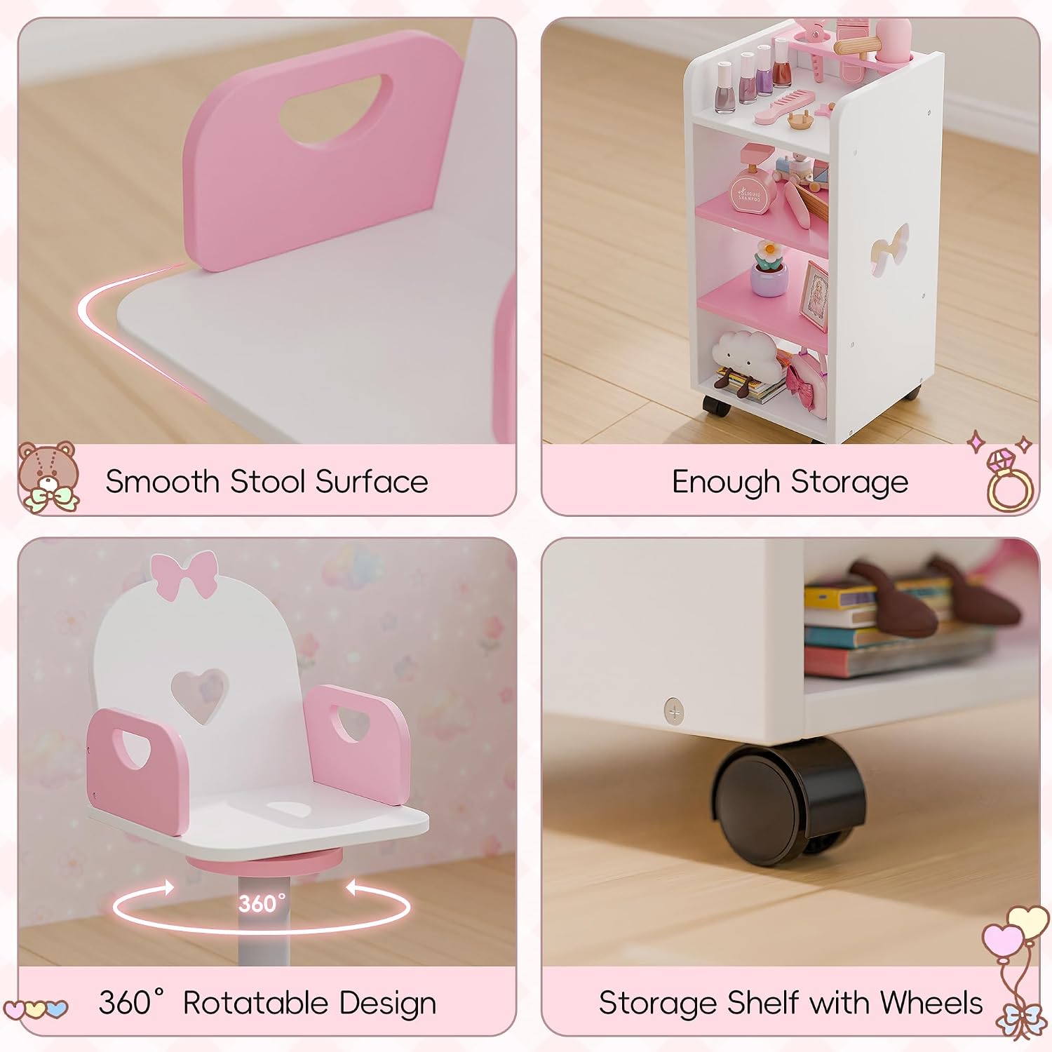 Kids Vanity Set with Light and Barber Chair, White Pink Makeup Dressing Vanity Table with Storage Shelf and Hair Salon Play Set 7 pcs Accessories, Pretend Play Vanity Set for Toddler Girls