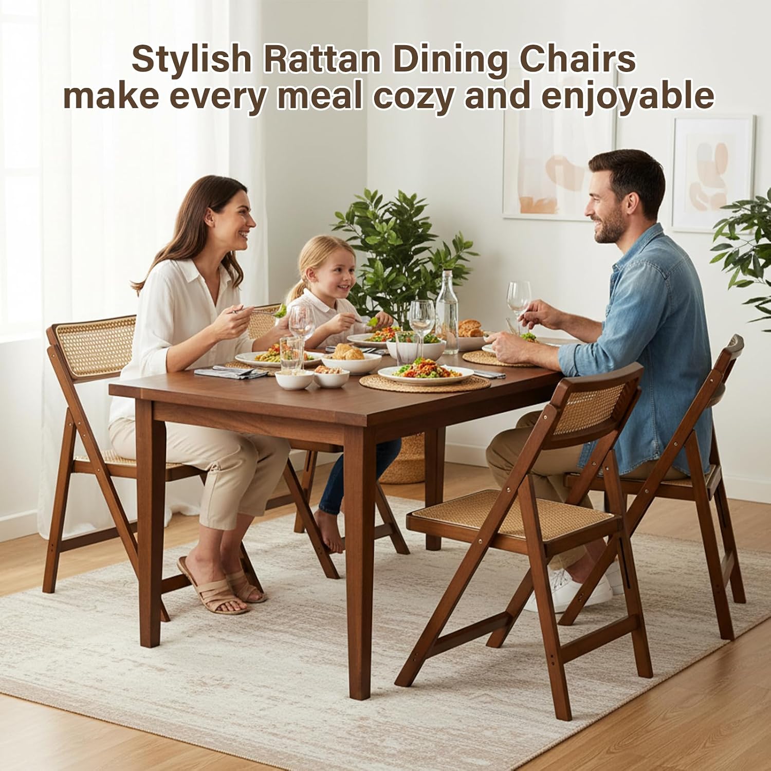 Furlide Rattan Folding Chairs, Modern Mid Century Dining Chairs Set of 2, Outdoor Bamboo Chairs for Bedroom Living Room Reading Room Dining Kitchen, Walnut