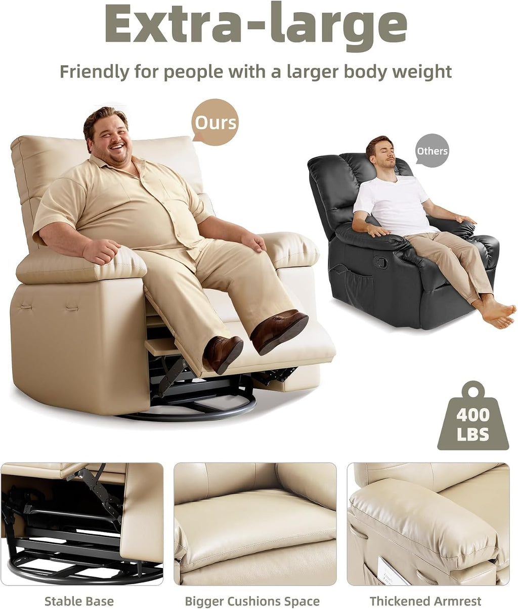 GarveeHome Oversized 27' Recliner Chairs, Classic Manual Leather Recliner, Home Theater Seating with Lumbar & Arms Support for Living Room, Bedroom and Nursery - Beige