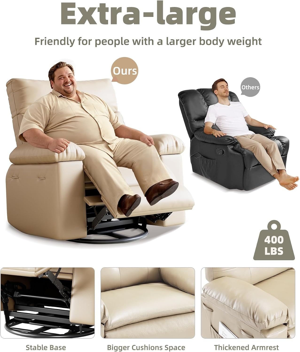 GarveeHome Oversized 27' Recliner Chairs, Classic Manual Leather Recliner, Home Theater Seating with Lumbar & Arms Support for Living Room, Bedroom and Nursery - Beige