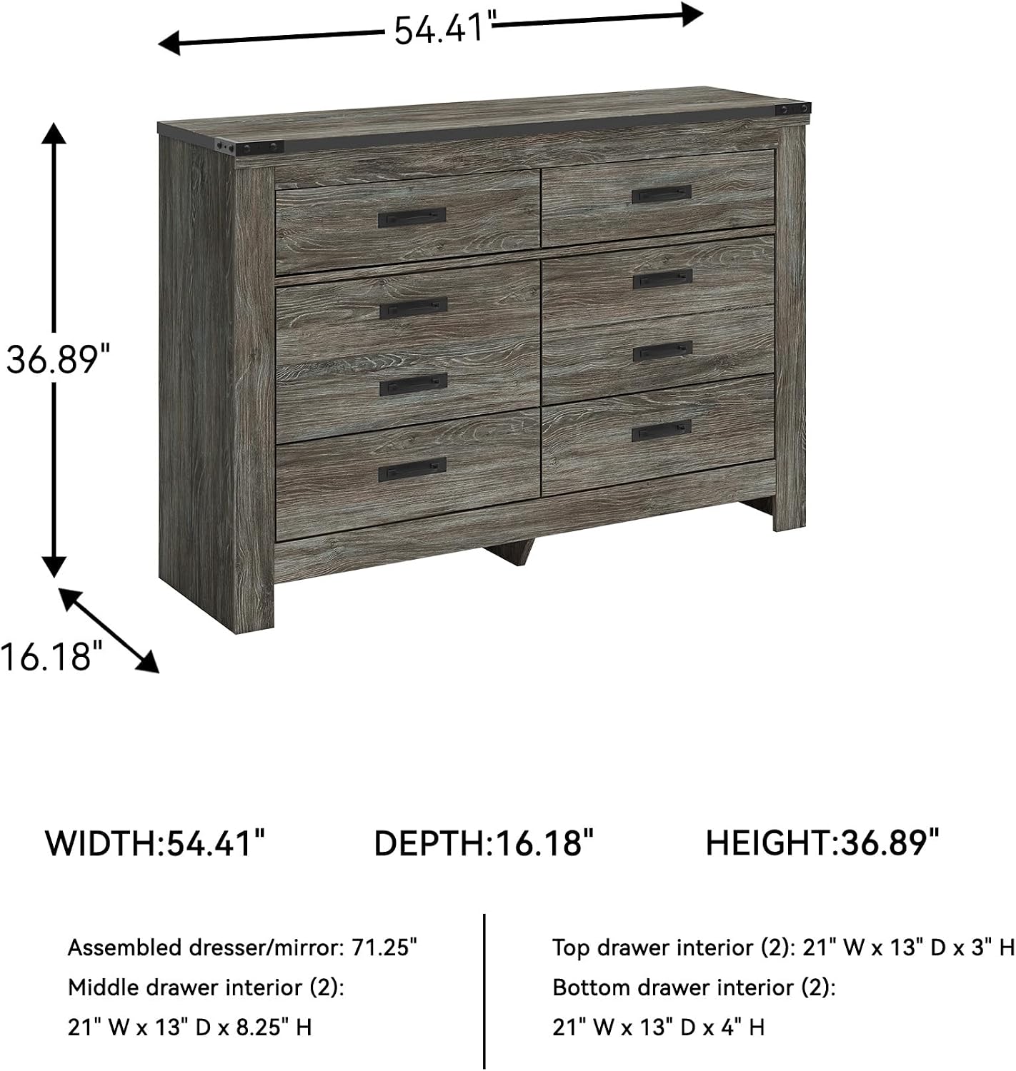 Signature Design by Ashley Frandern Casual Rustic Dresser with 6 Smooth-Gliding Drawers, Meets ASTM International Safety Standards, Wood and Decorative Laminate, Gray