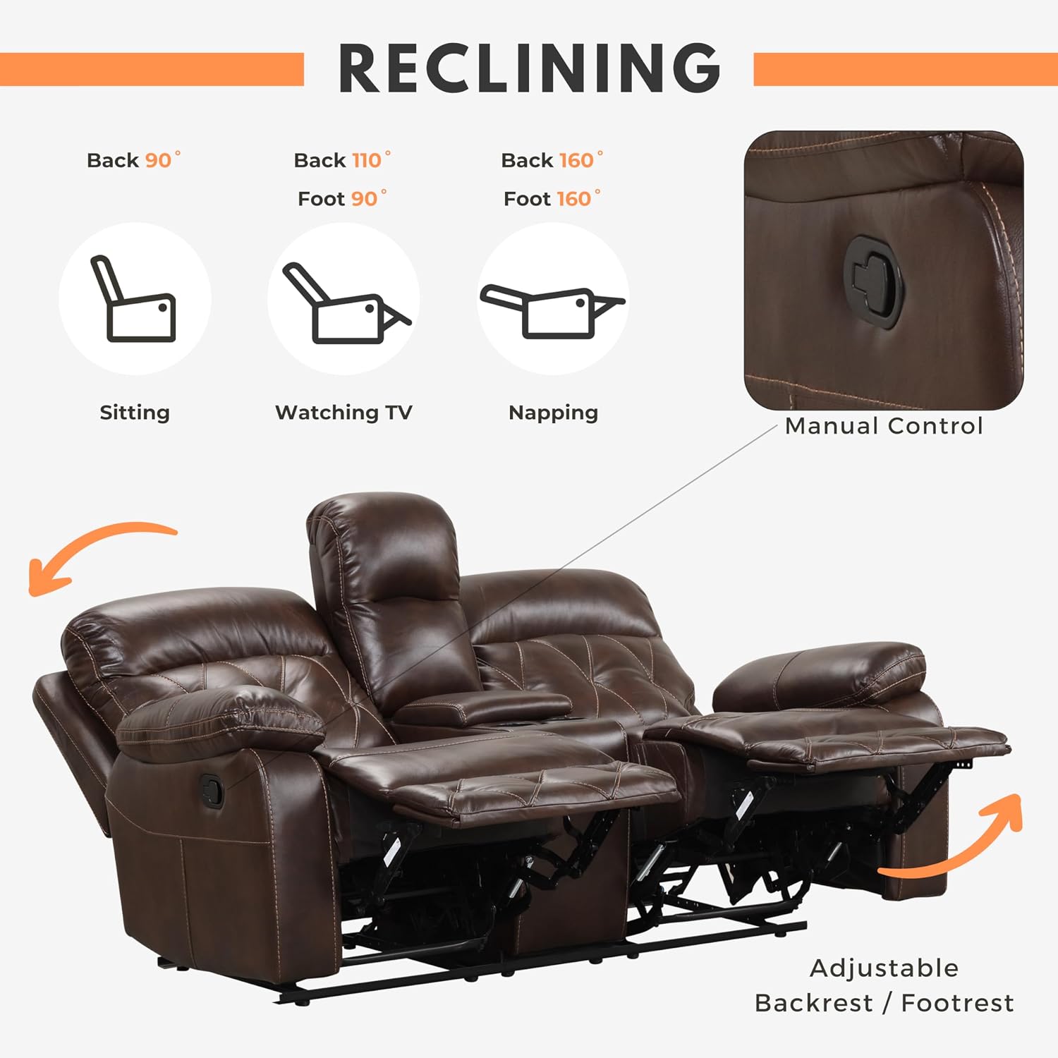 24/7 Shop at Home Skylar Transitional Breathable Leather Manual Recliner Loveseat with Fabric Lined Storage Console and Diamond Stitching for Living Room, Bedroom, Brown