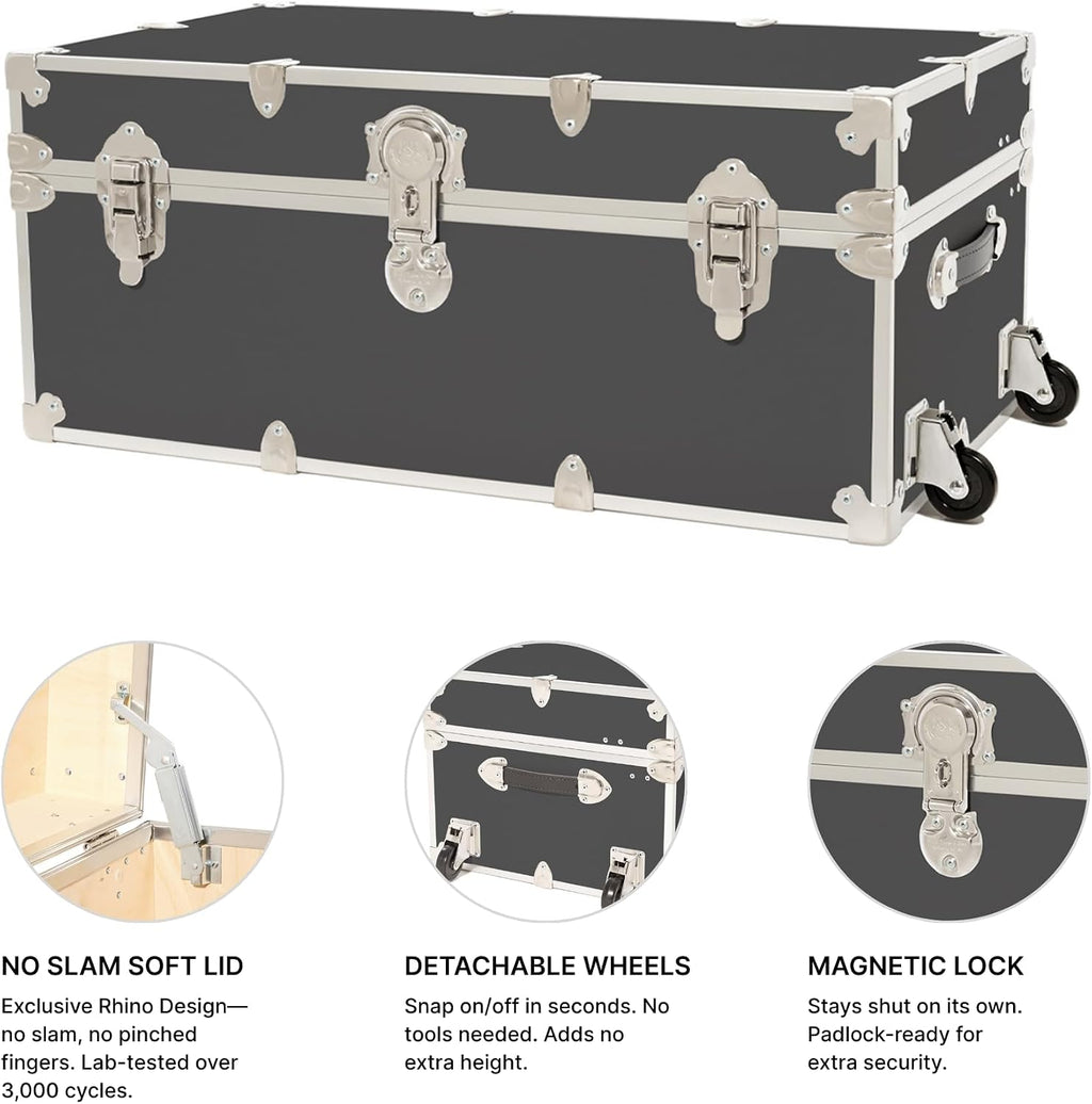 Rhino Trunk & Case Classic Camp & College Trunk with Wheels. 30'x17'x13', 1500+ lbs Capacity - Many Colors, Soft-Close Lid. Strong, USA Made Summer Camp Footlocker and Secure Dorm Storage Chest