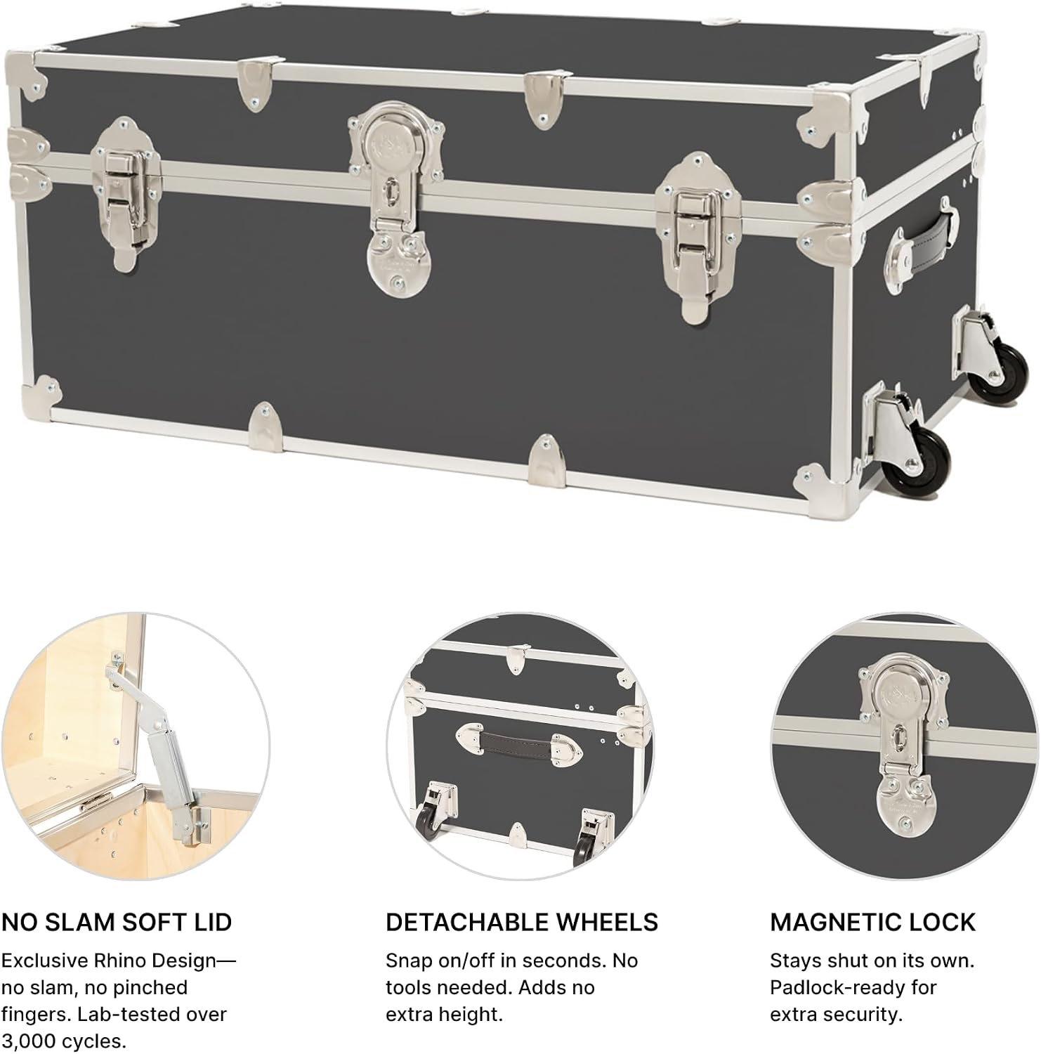 Rhino Trunk & Case Classic Camp & College Trunk with Wheels. 30'x17'x13', 1500+ lbs Capacity - Many Colors, Soft-Close Lid. Strong, USA Made Summer Camp Footlocker and Secure Dorm Storage Chest