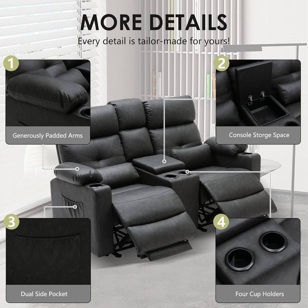 Power Reclining Loveseat with Console, Power Loveseat Recliner Sofa with Heat and Massage, Extended Footrest, Wall Hugger RV Recliner with Cup Holders, Lumbar Support for Living Room
