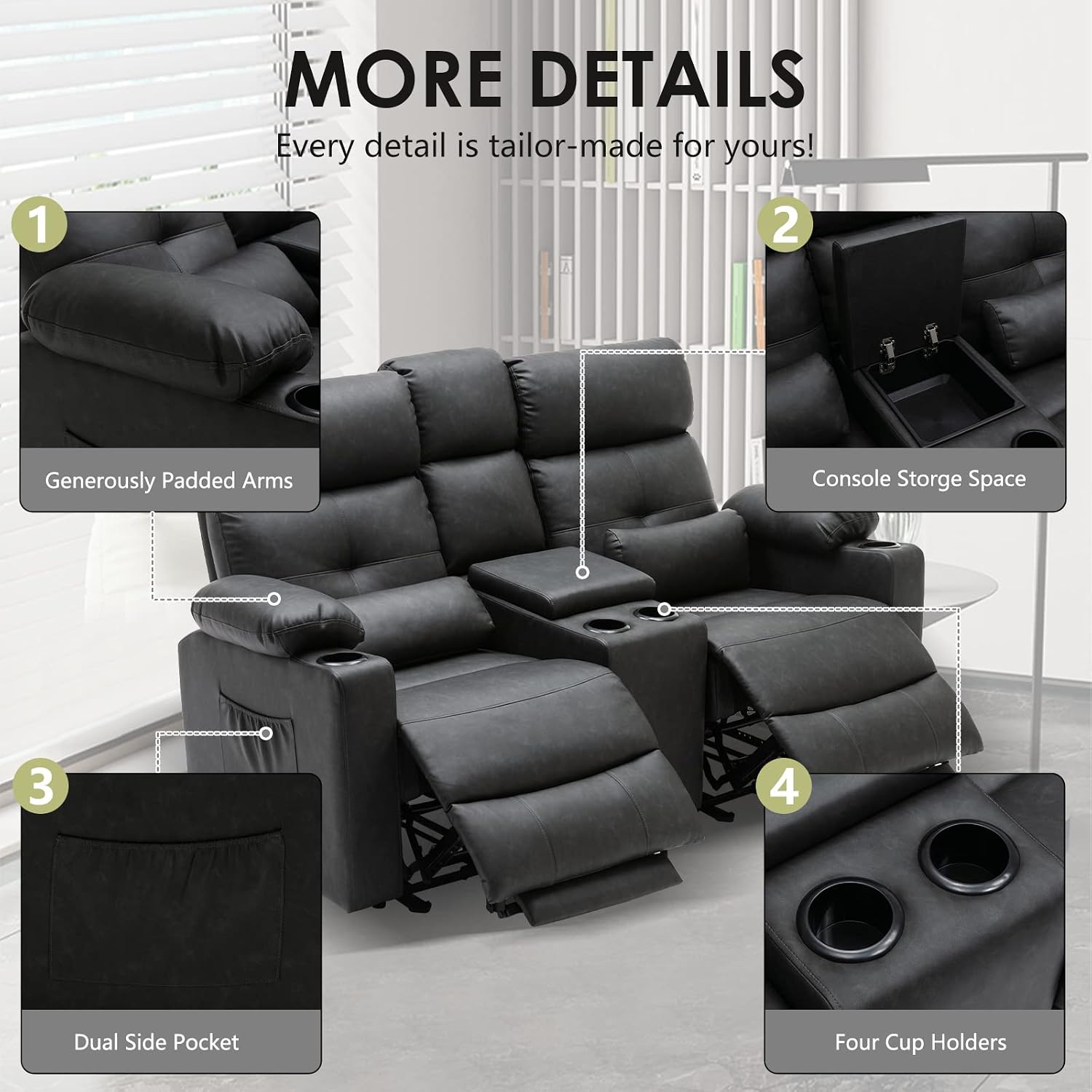 Power Reclining Loveseat with Console, Power Loveseat Recliner Sofa with Heat and Massage, Extended Footrest, Wall Hugger RV Recliner with Cup Holders, Lumbar Support for Living Room