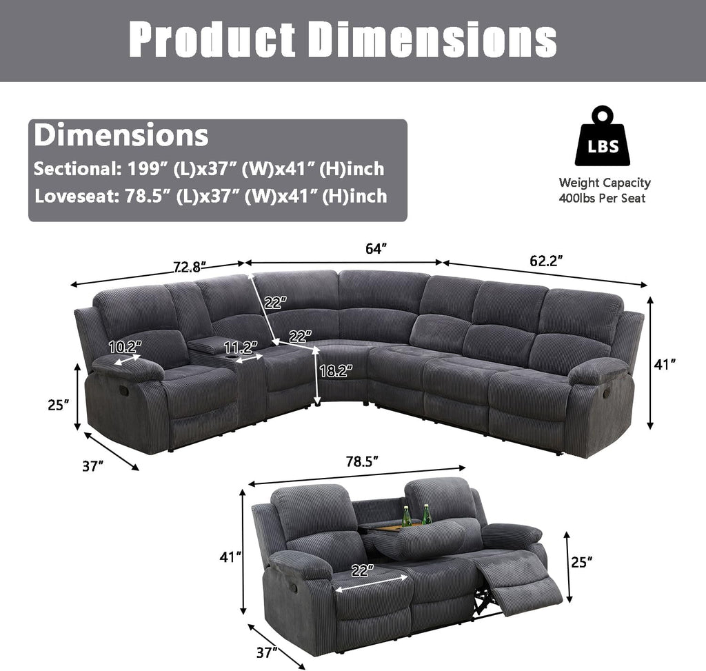 A Ainehome Sectional Recliner Sofa Set with Storage, Living Room Furniture Set Corduroy Sofa Sets Manual Reclining Sectional Couches for Living Room with 4 Recliner Seats(Living Room Set, Dark Grey)