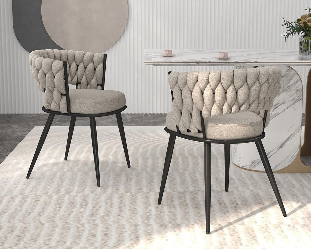 KCC Fabric Dining Chairs Set of 2, Modern Dining Chair with Metal Legs, Woven Upholstered Dining Chairs for Dining Room, Kitchen, Vanity, Living Room (Beige)