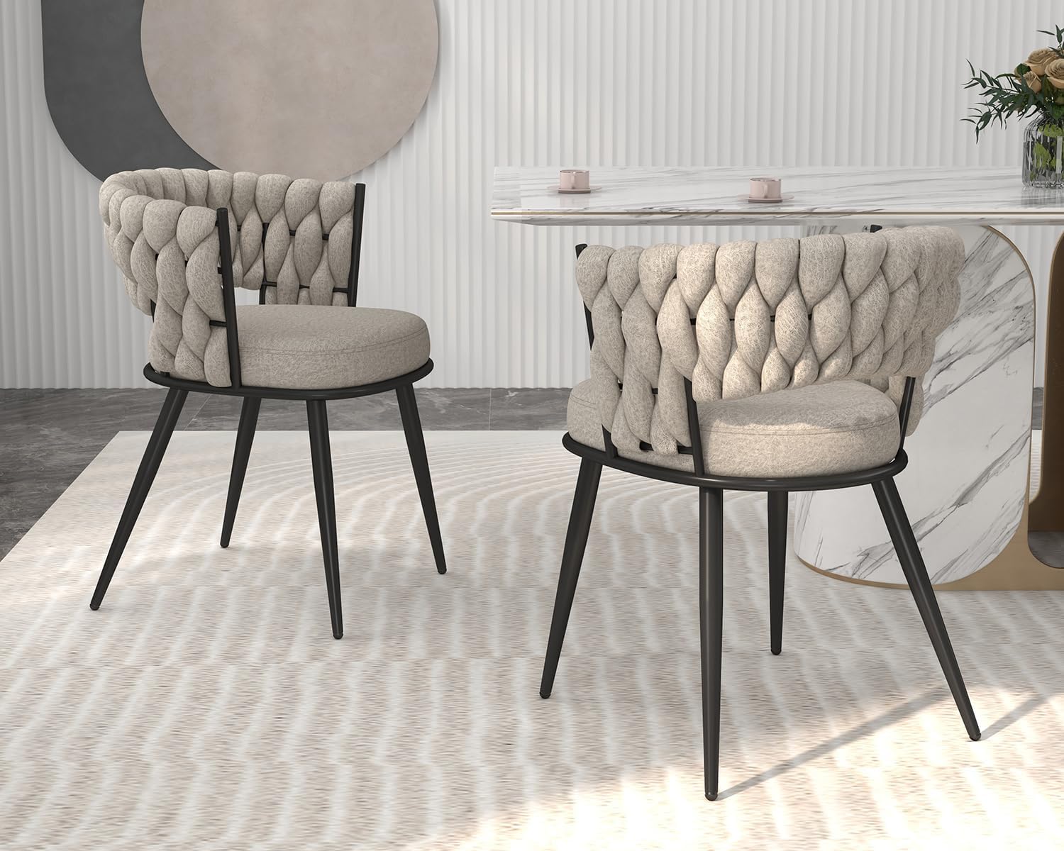 KCC Fabric Dining Chairs Set of 2, Modern Dining Chair with Metal Legs, Woven Upholstered Dining Chairs for Dining Room, Kitchen, Vanity, Living Room (Beige)