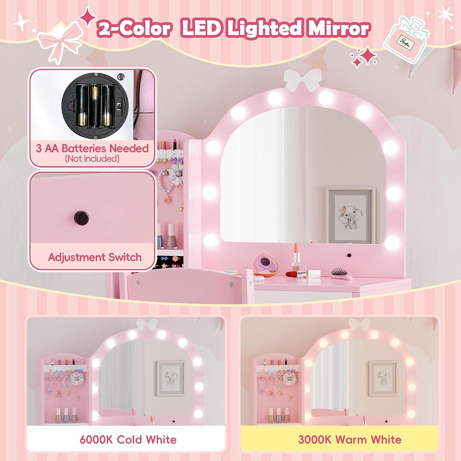 MU Kids Vanity, Girl Vanity Set with Mirror and Chair, 2 in 1 Toddler Makeup Vanity Table with Jewelry Storage, Wooden Princess Makeup Desk Dressing Table for Little Girls, Pink