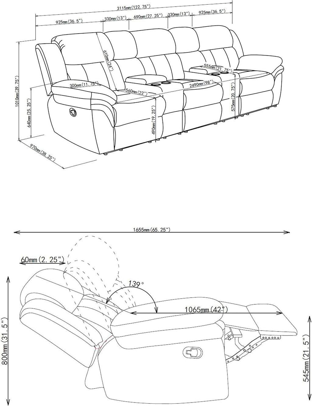 Coaster Home Furnishings - Bahrain - Upholstered - 5-Piece Theater Seating with Recliners, Cupholder Consoles & Thick Pillowtop Armrests - Living Room, Home Theater - Charcoal - 609541T