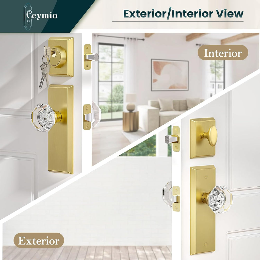 Glass Door Knobs with Single Cylinder Deadbolt Lock Set - Brushed Gold Crystal Passage Knob for Interior/Exterior Doors - Vintage Diamond Bedroom Bathroom Closet Handles