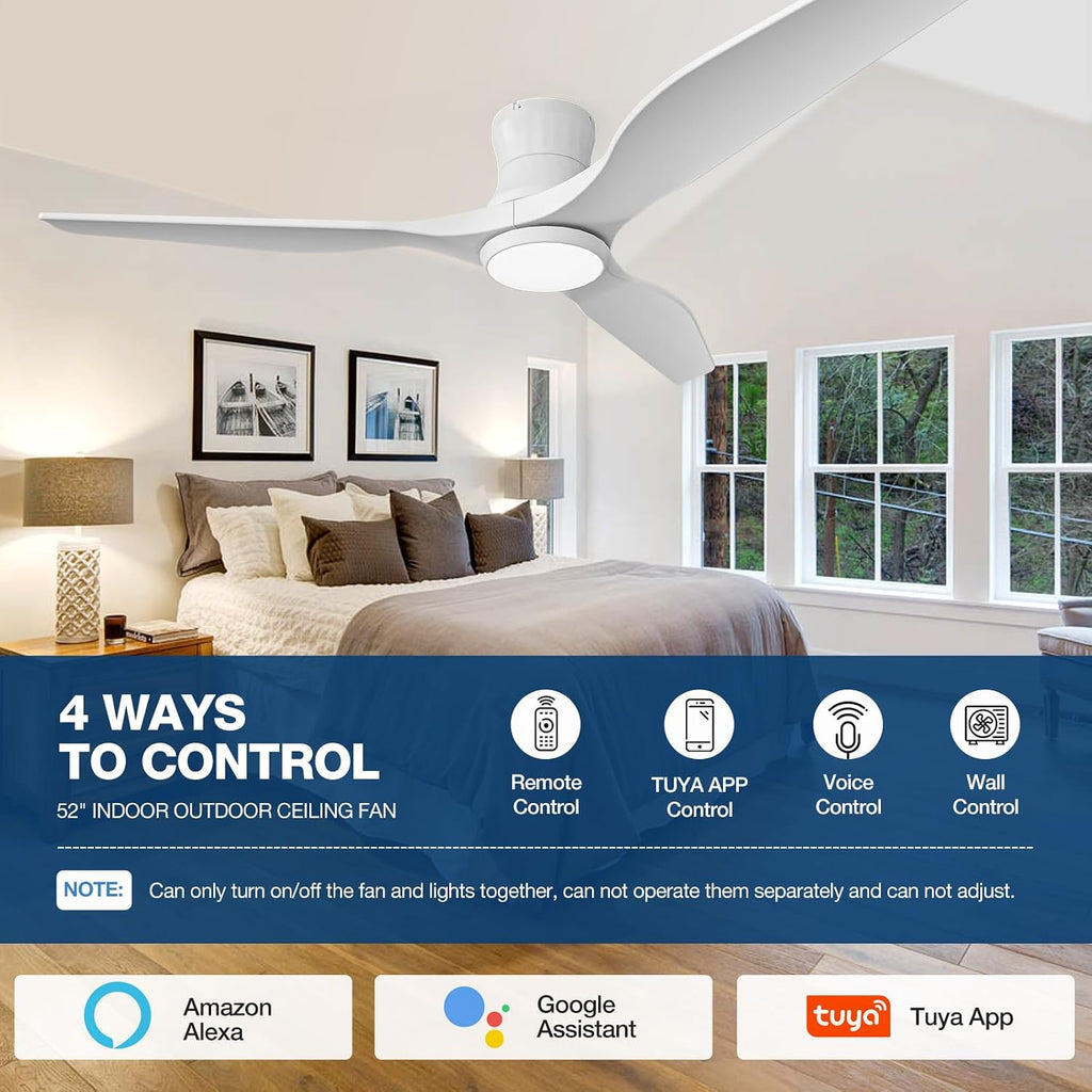 Smart 52' Wood Flush Mount Ceiling Fan with Remote Control, White | Quiet DC Motor, WiFi Alexa Voice Control, High CFM Dimmable LED, Low Profile, Reversible, 6 Speeds Adjustment, Time Setting