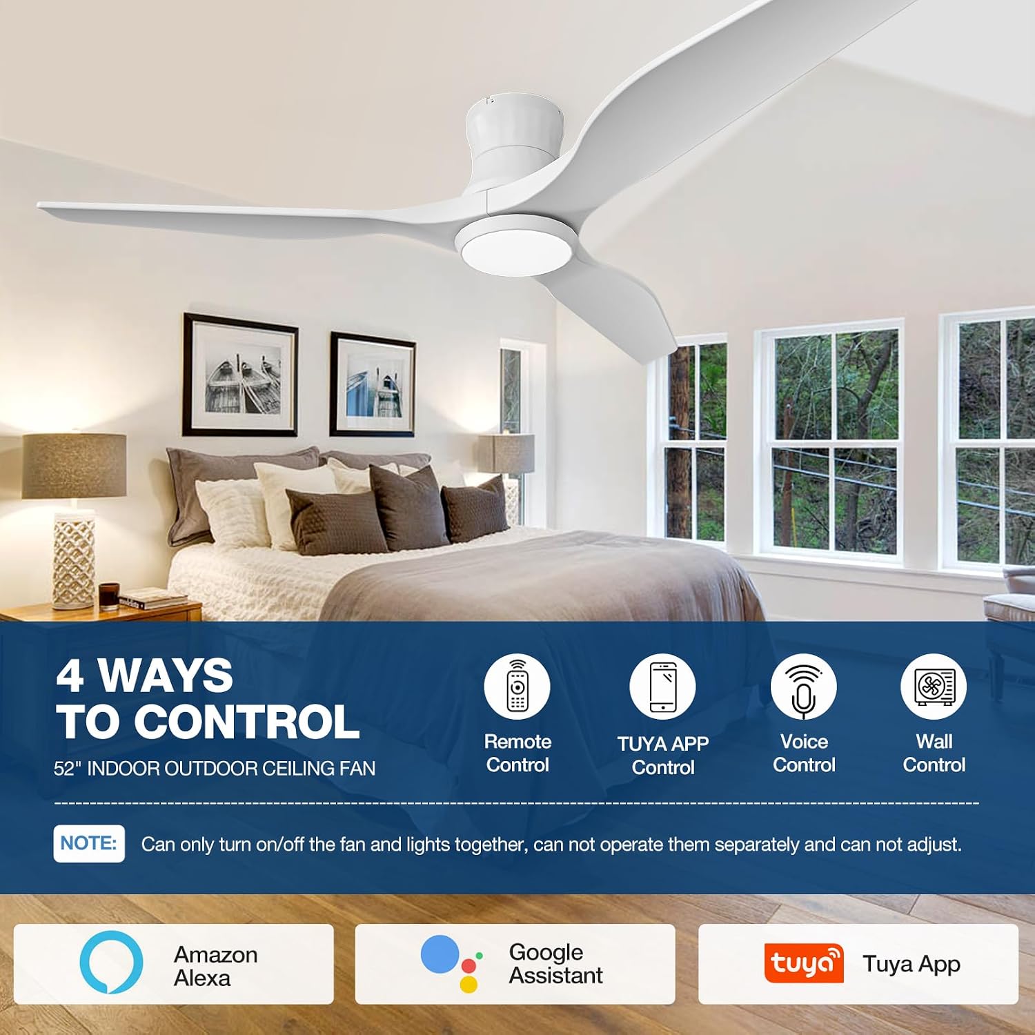 Smart 52' Wood Flush Mount Ceiling Fan with Remote Control, White | Quiet DC Motor, WiFi Alexa Voice Control, High CFM Dimmable LED, Low Profile, Reversible, 6 Speeds Adjustment, Time Setting