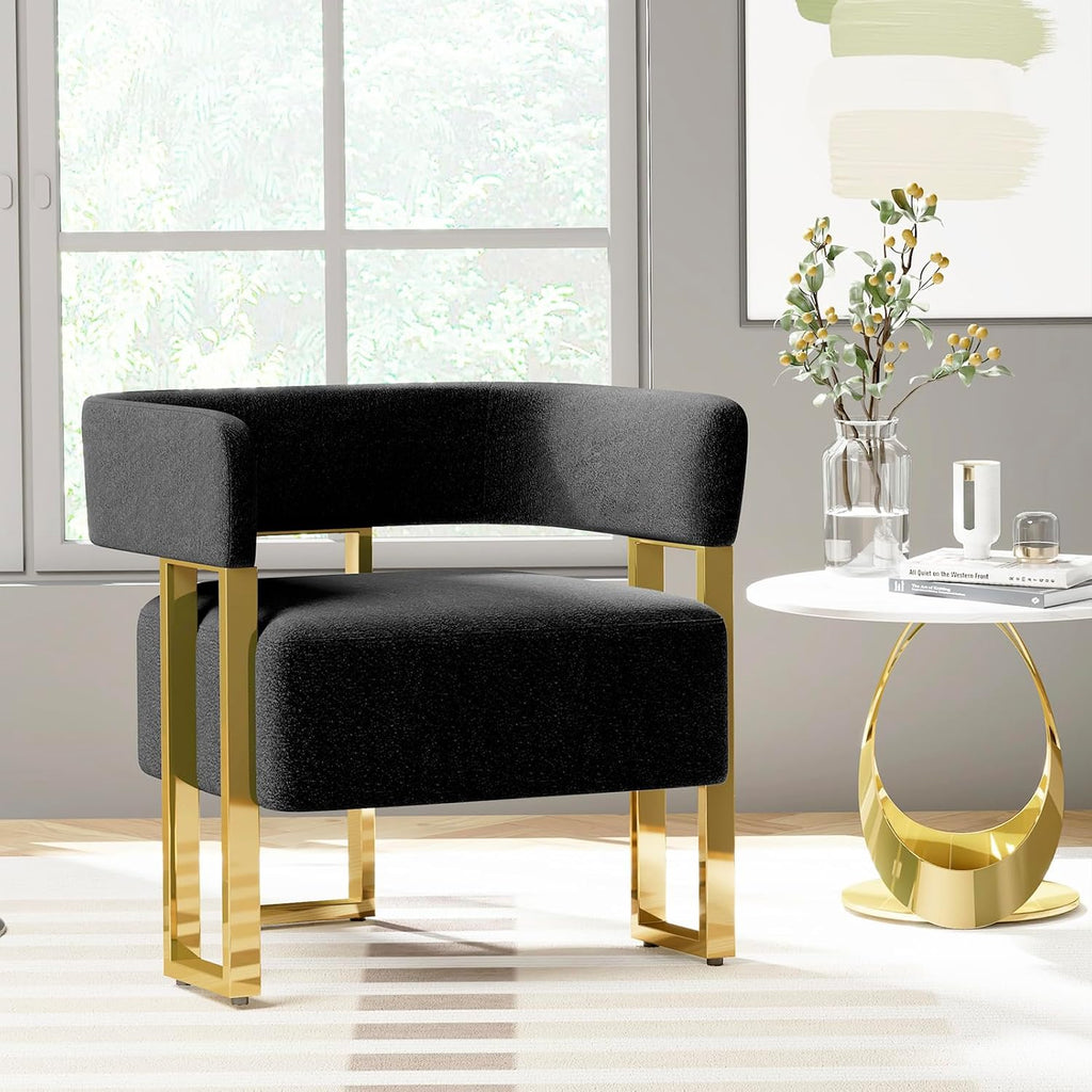 STHOUYN Modern Black and Gold Accent Chair Set of 2, Boucle Bucket Chairs Set of 2, Arm Chairs for Living Room Bedroom (2, Black)
