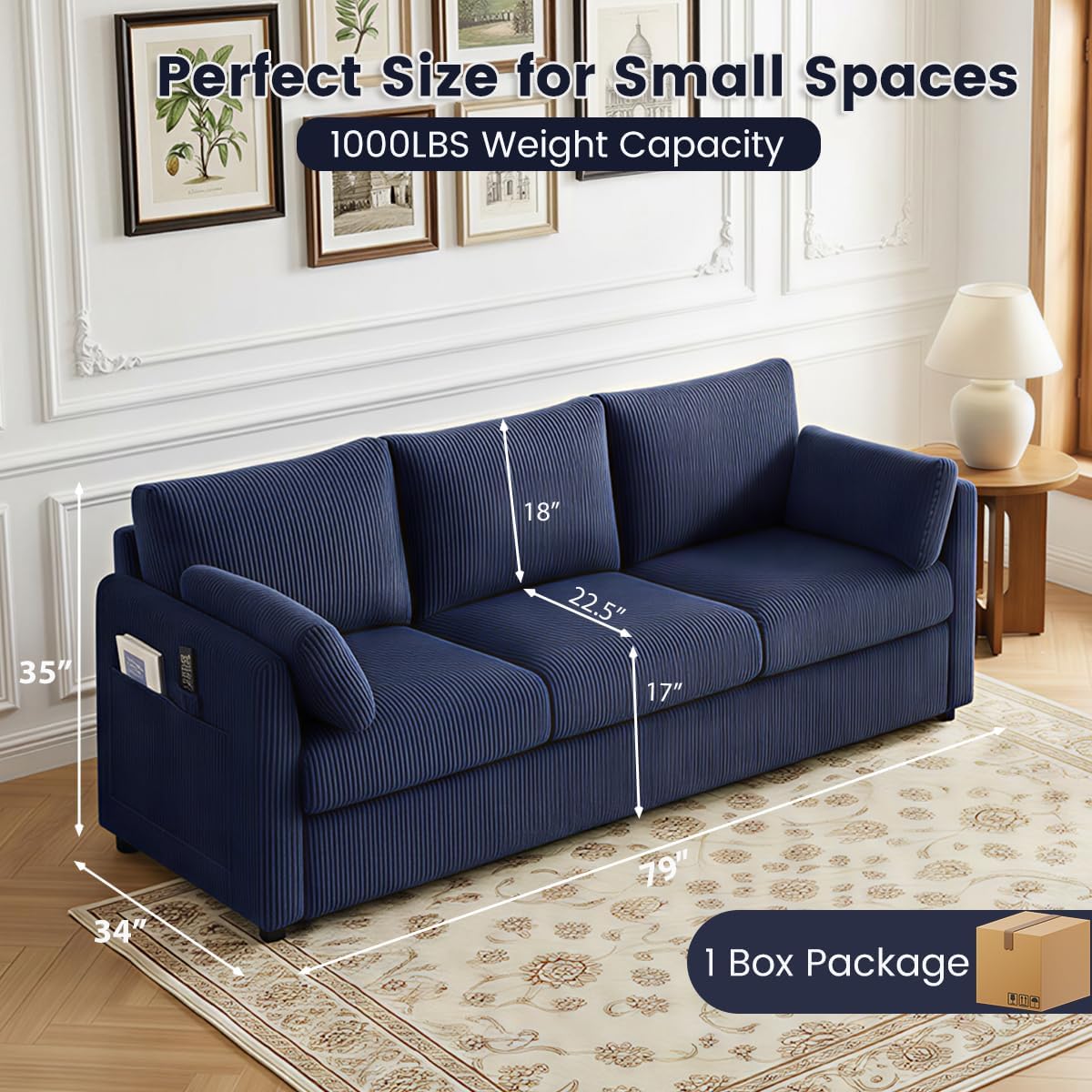 3 Seater Couches for Living Room, 79' Modern Corduroy Sofa with 2 Pillows and Storage Pockets, Small Comfy Couches for Apartment, Small Spaces, Bedroom, Office, Navy Blue