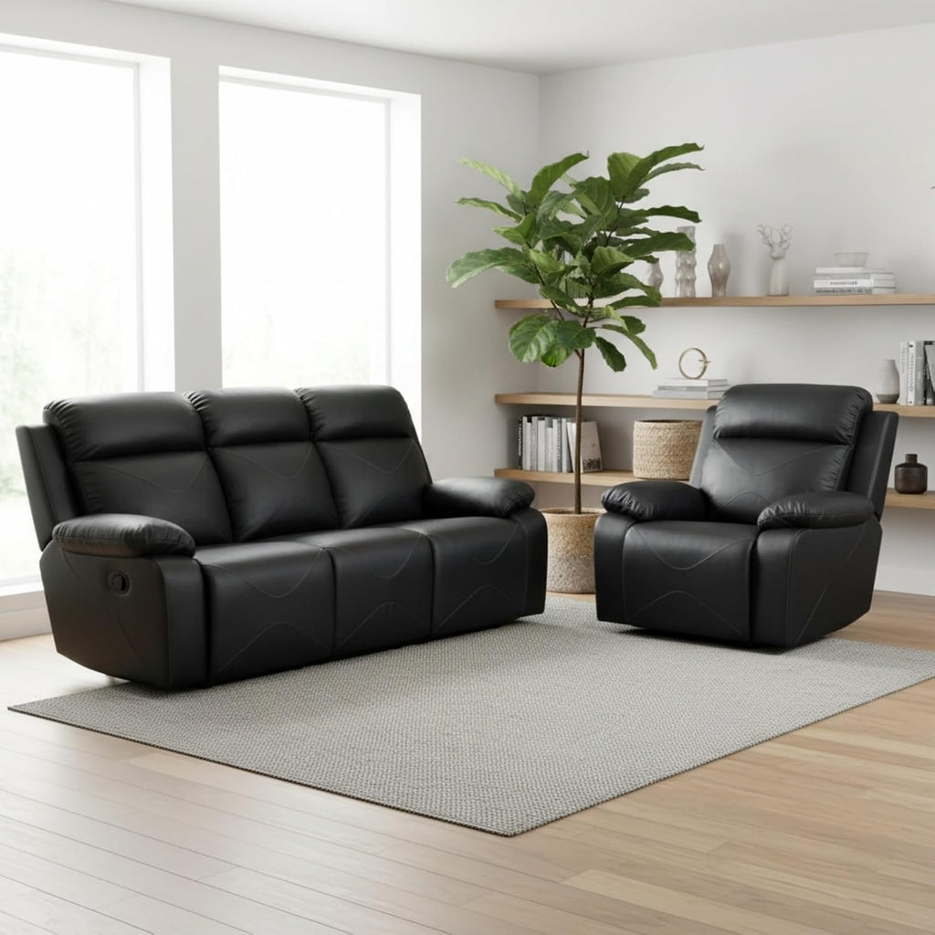2-Piece Manual Leather Recliner Sofa Set, Adjustable Backrest Reclining Loveseat Sofa & Recliner Chair with Convertible Middle Coffee Table for House, Home Theater, Black
