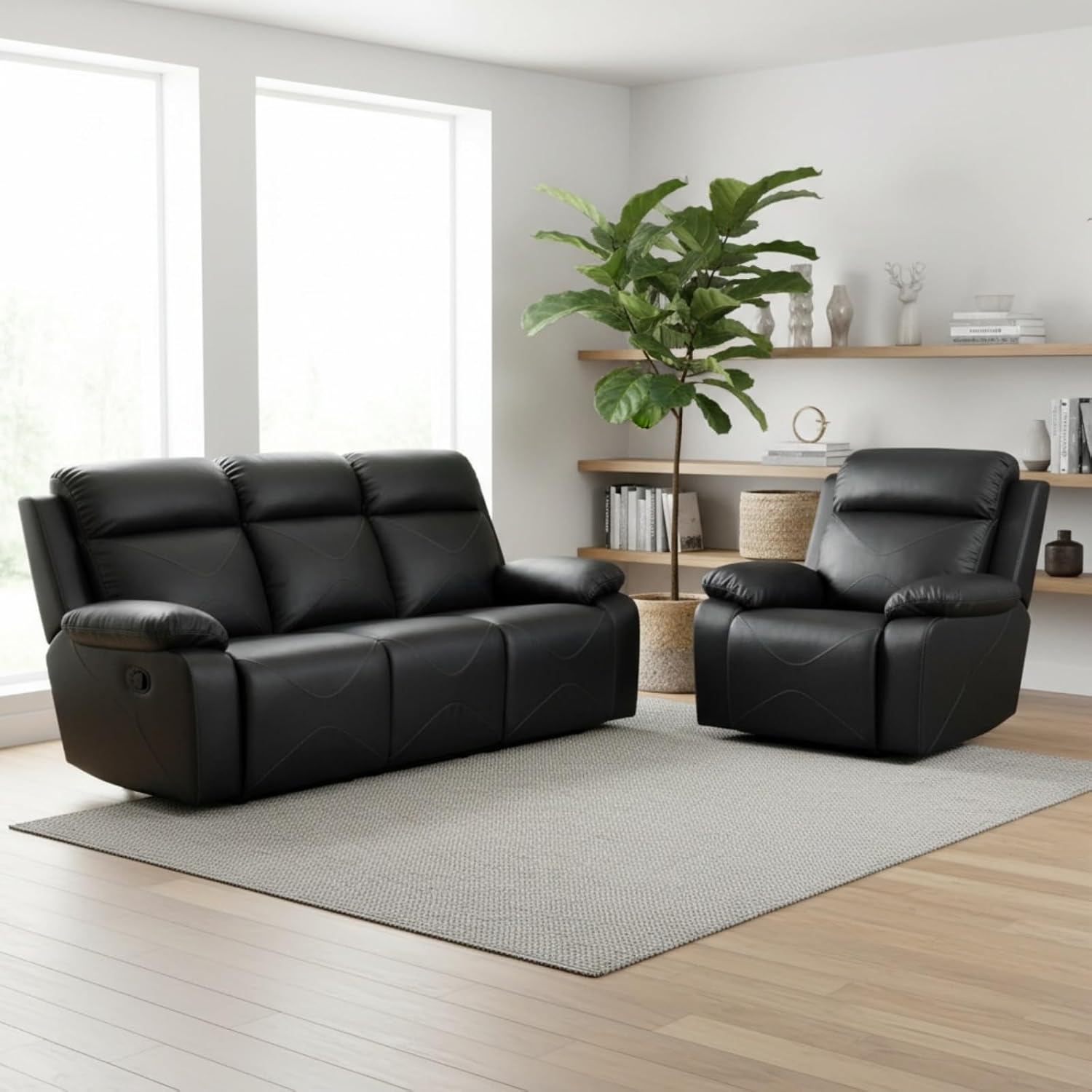 2-Piece Manual Leather Recliner Sofa Set, Adjustable Backrest Reclining Loveseat Sofa & Recliner Chair with Convertible Middle Coffee Table for House, Home Theater, Black
