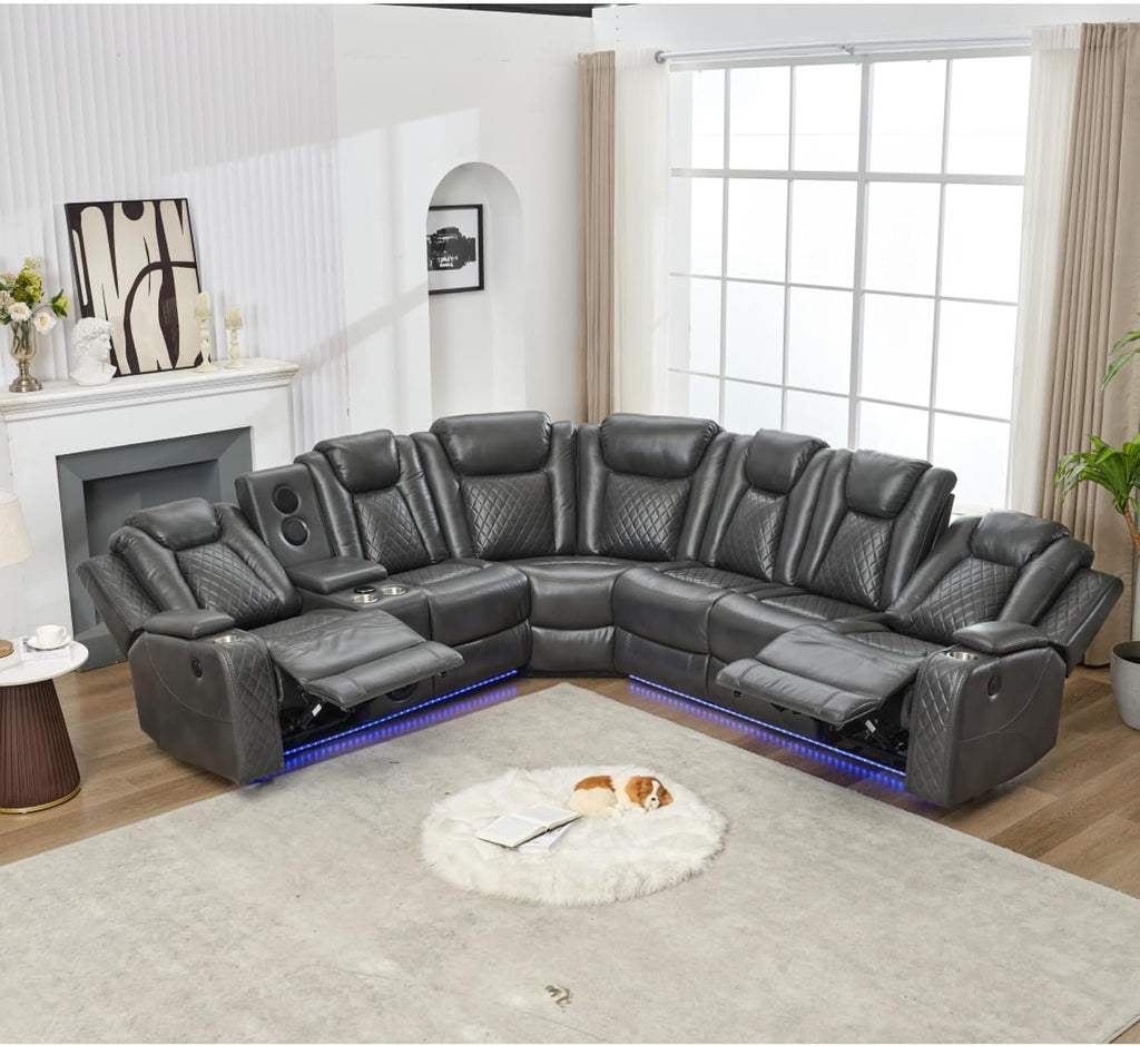 KEIKI L-Shaped Oversized Technical Leather Sectional Power Reclining Sofa with Extendable Footrest and Cup Holder, Electric Control 5-Seater Couch with USB, for Home Theater, Living Room, Grey
