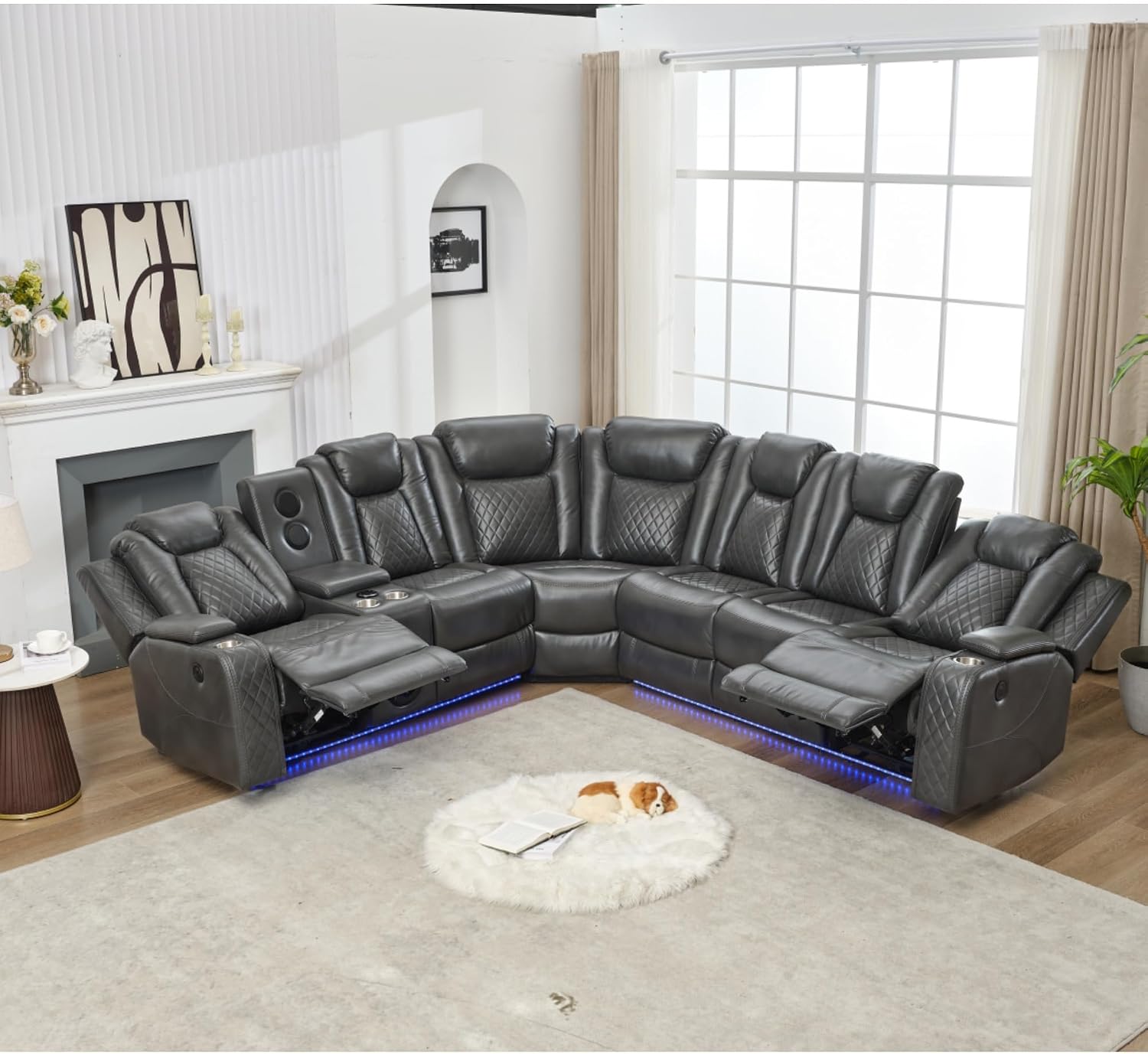 KEIKI L-Shaped Oversized Technical Leather Sectional Power Reclining Sofa with Extendable Footrest and Cup Holder, Electric Control 5-Seater Couch with USB, for Home Theater, Living Room, Grey