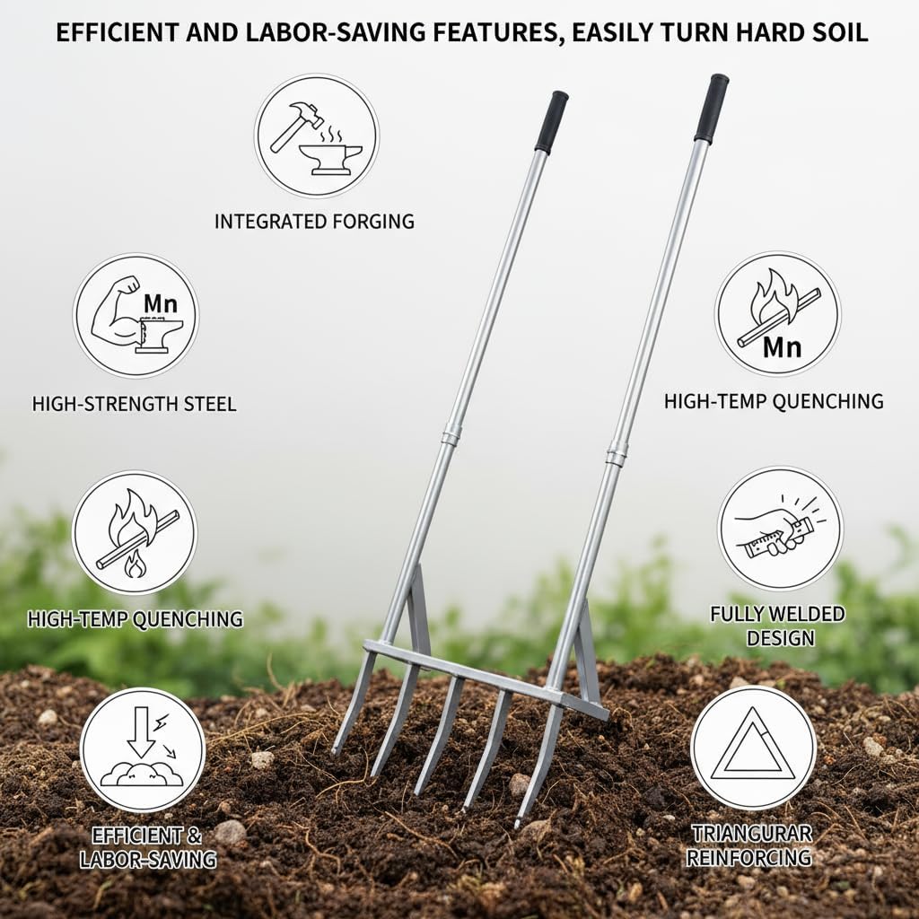 56 Inch 5-Tine Heavy Duty Broadfork, Rust-Resistant Professional Garden Fork with Widened Foot Pedal, High-Strength All-Steel Soil Tiller for Aerating Clay Soil for Farming