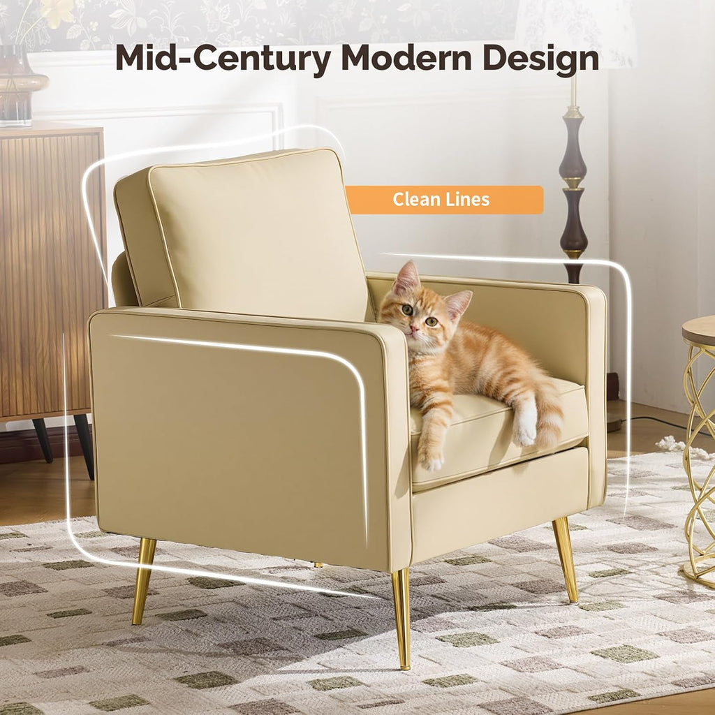 VINGLI PU Leather Accent Chairs Set of 2, Mid-Century Modern Living Room Chairs with Removable Cushions, Gold Legs, Upholstered Sofa Armchair for Bedroom, Office, Apartment, Play Room