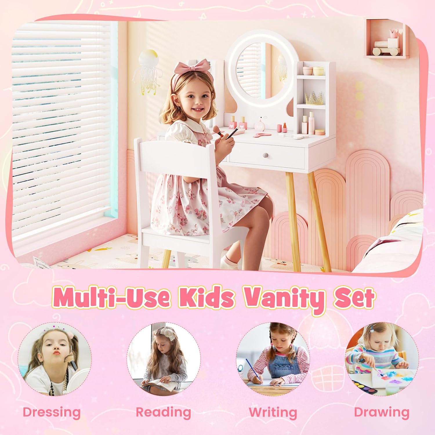 HONEY JOY Kids Vanity, Girls Vanity Set with Mirror and Stool and Lights, Drawers & Storage Shelves, Toddler Makeup Vanity Dressing Table, Pretend Play Kids Vanity Table and Chair Set (White)