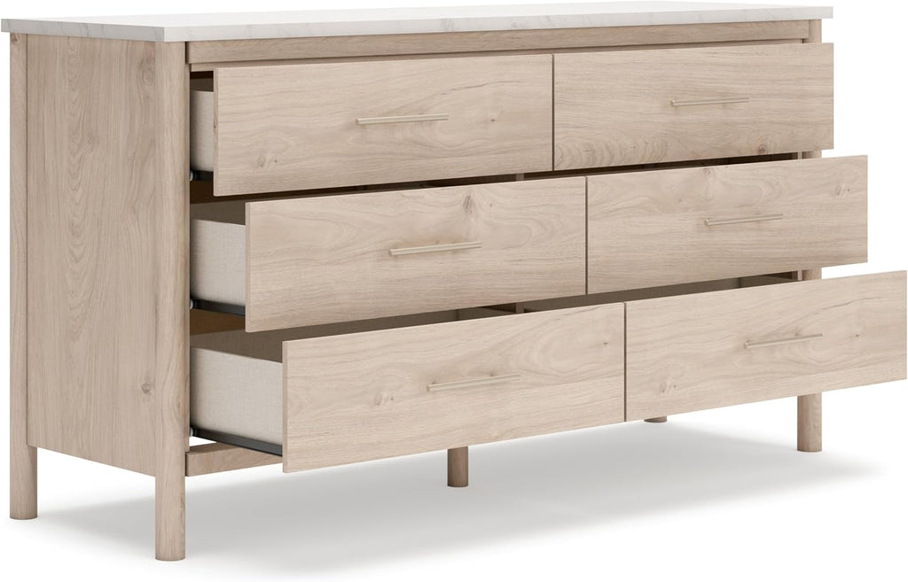 Signature Design by Ashley Cadmori Casual Bohemian Dresser with Post Legs and 6 Drawers, Replicated Marble Top, Wood, 35' High, White and Light Brown Finish