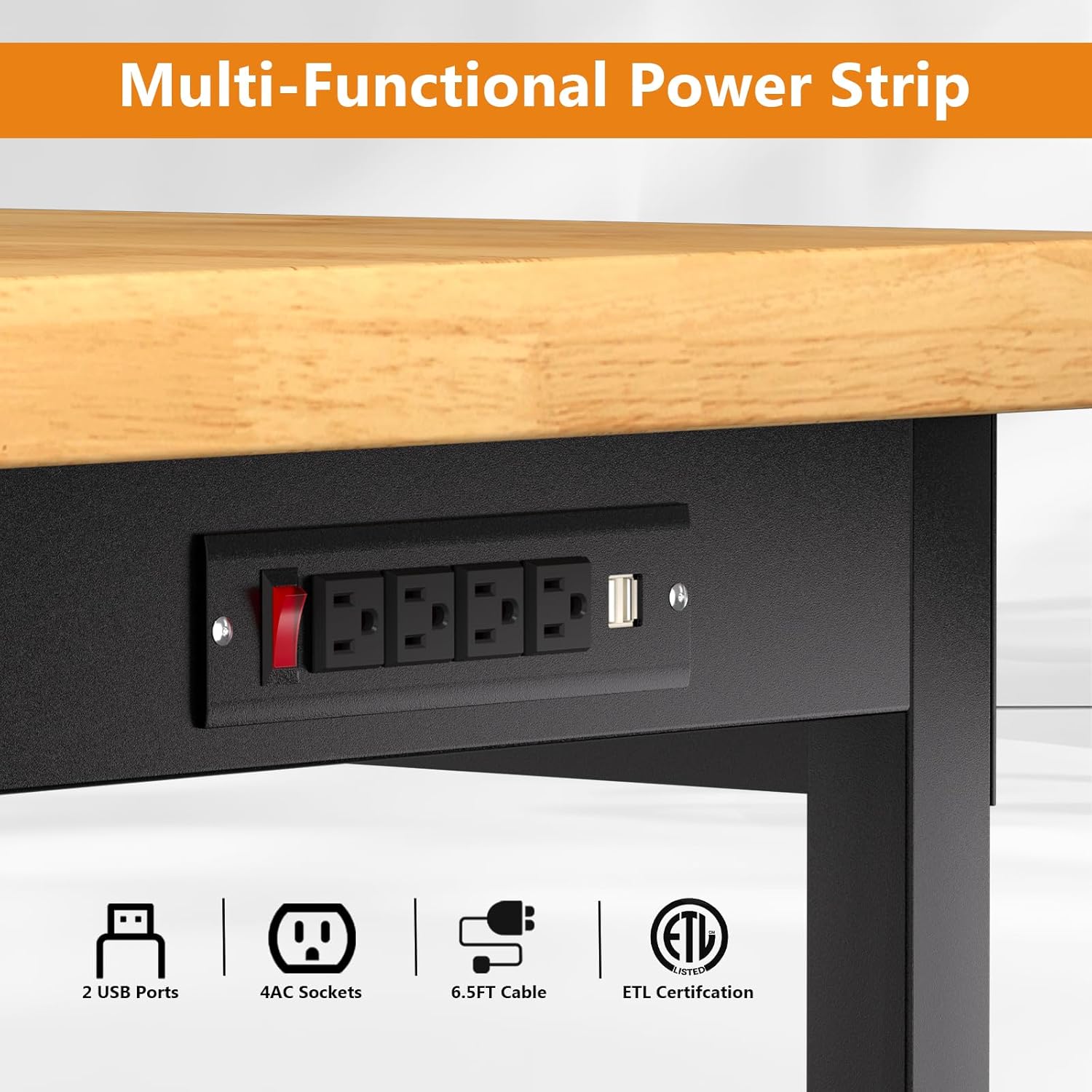 60' Heavy-Duty Solid Wood Work Bench with Drawers, Adjustable Height Workbench with Wheels, 2000 LBS Capacity Work Table with Power Outlets for Garage, Workshop(60' X 24')