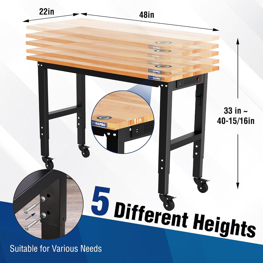 WORKPRO Garage Workbench, 48'X22' Adjustable Workbench with Wheels, Rubber Wood Top Heavy-Duty Workstation with Power Outlets, 1000 LBS Stationary Load Capacity, for Workshop, Garage