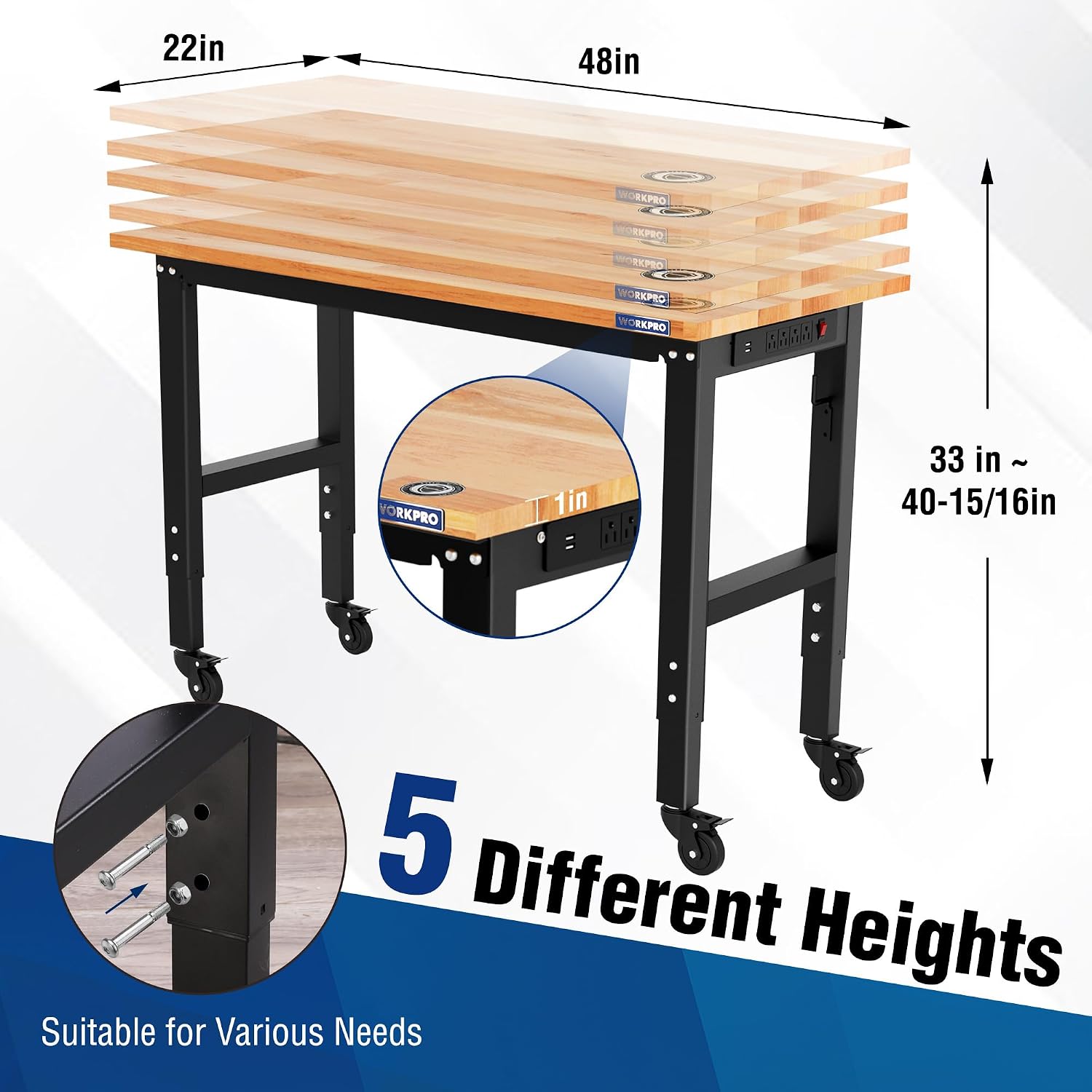 WORKPRO Garage Workbench, 48'X22' Adjustable Workbench with Wheels, Rubber Wood Top Heavy-Duty Workstation with Power Outlets, 1000 LBS Stationary Load Capacity, for Workshop, Garage