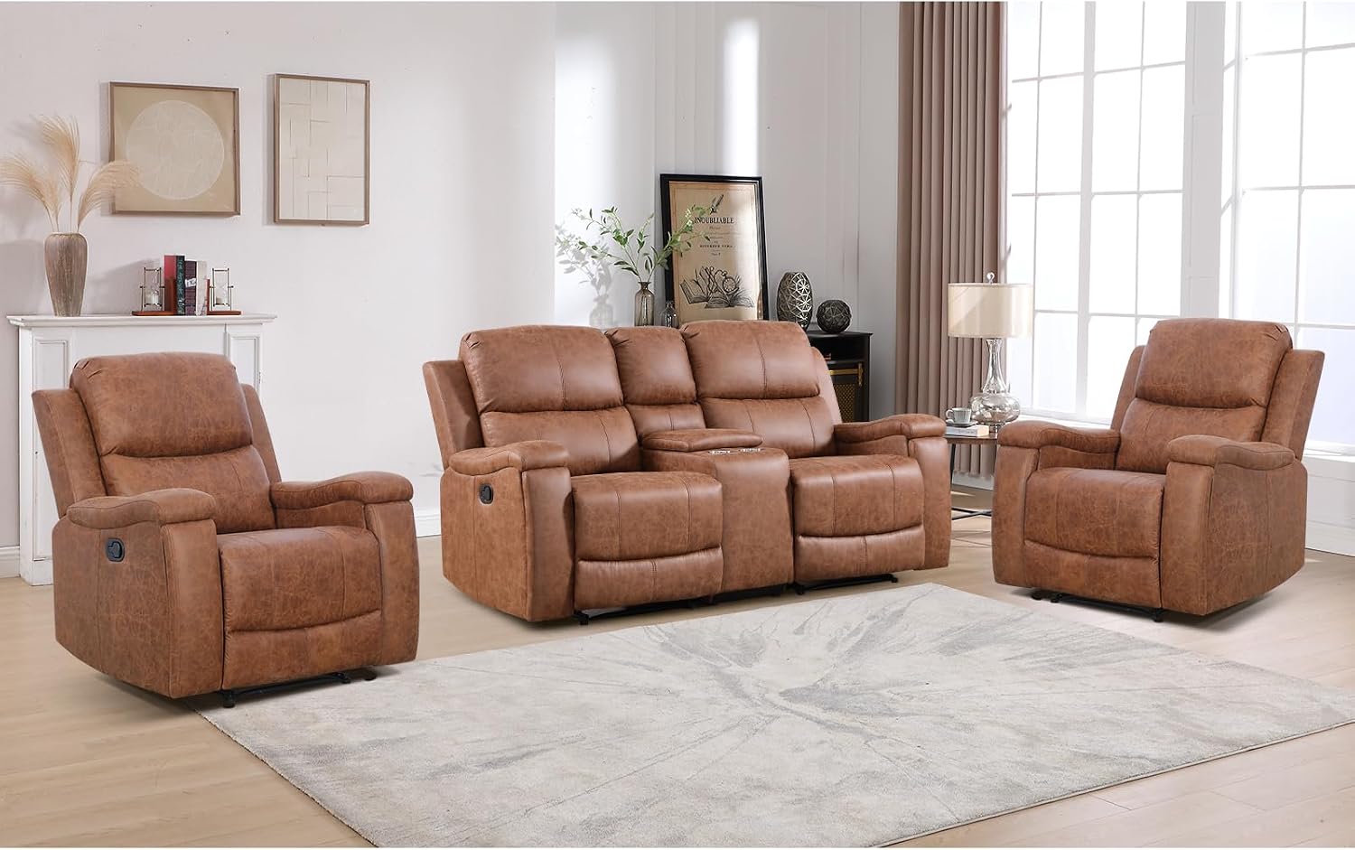 CANMOV Faux Leather Manual Reclining Sofa Set, 2 Manual Single Recliner Chairs and 2 Seat Recliner Loveseat with Center Console, Hidden Storage and Cup Holders for Living Room,Bedroom Furniture,Brown