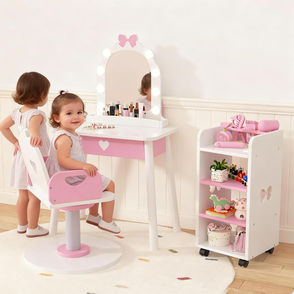 Wooden Kids Vanity Table and Chair Set with Light and Mirror, Princess Makeup Vanity Desk with Barber Chair and Rolling Cart, Pretend Hair Salon Play Set, Toddler Vanity Set for Girls, White