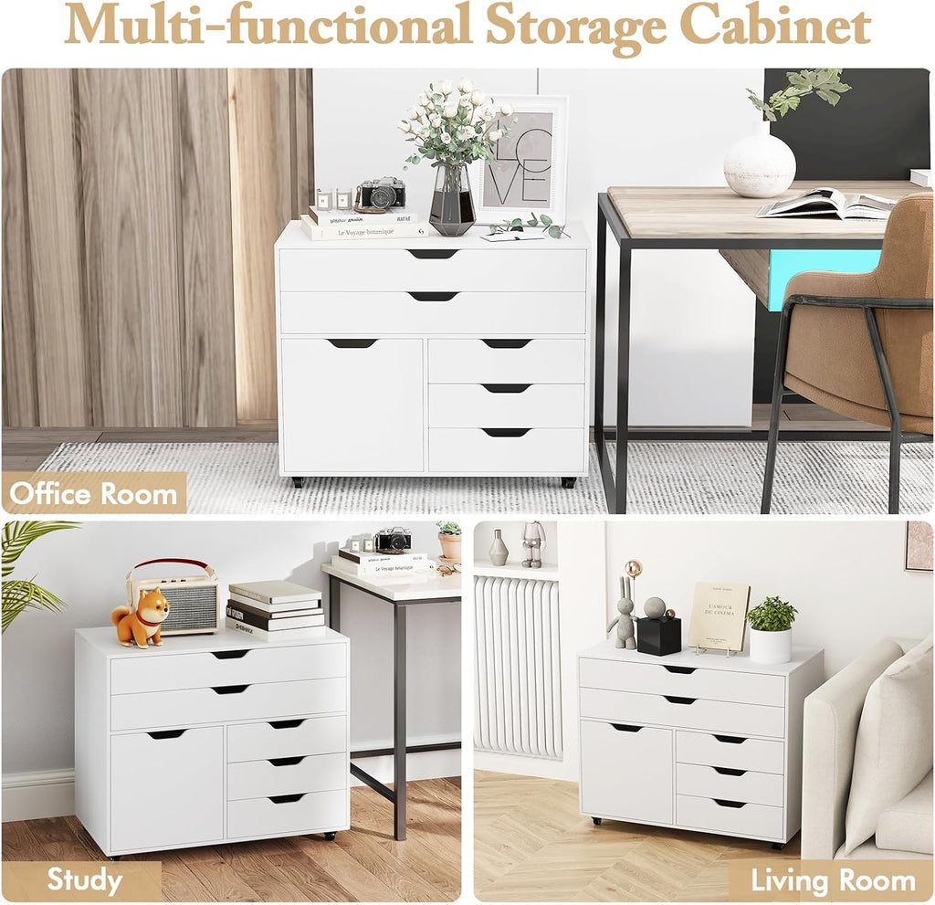 MAT EXPERT 5-Drawer Mobile File Cabinet w/Door, Lateral Filing Cabinet w/5 Universal Wheels, Rolling File Cabinets with Storage, Modern Wood Printer Stand for Home Office, Living Room, Study (White)