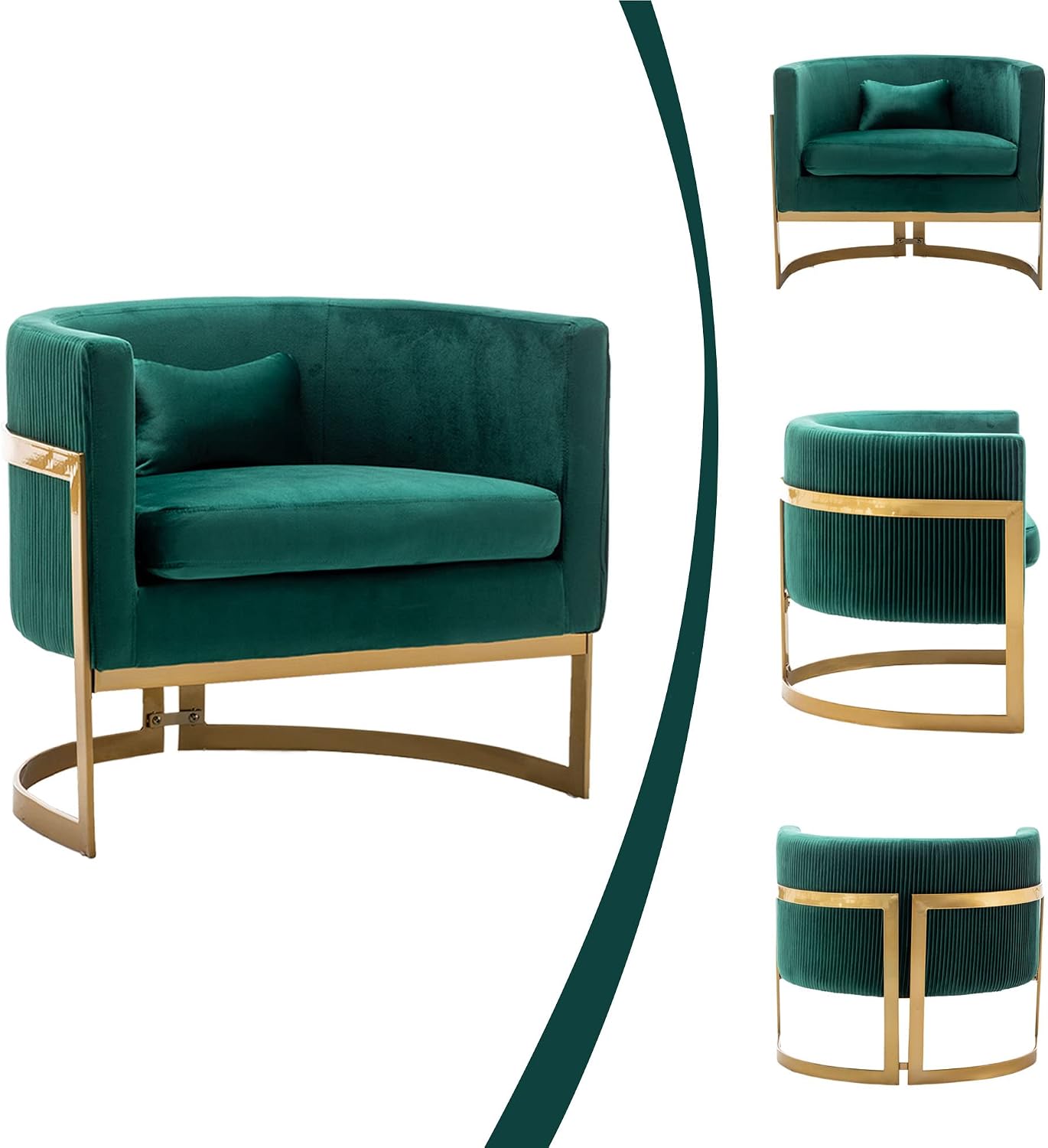 Velvet Accent Chair Green Modern Upholstered Barrel Chair, Wide Arm Chairs for Living Room Bedroom Club Side Chairs with Gold Legs