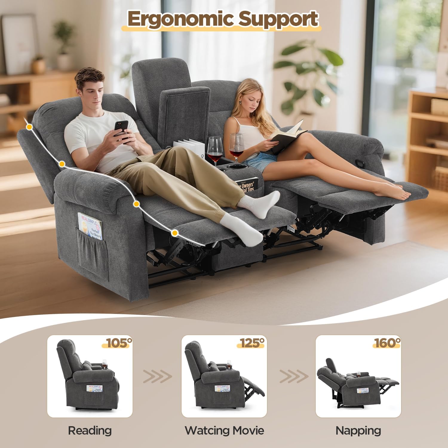 RV Loveseat Recliner with Console, Reclining Loveseat Sofa, Manual Home Theater Seating with Pockets/Cup Holders for Living Room/RV Furniture (Stone Chenille)