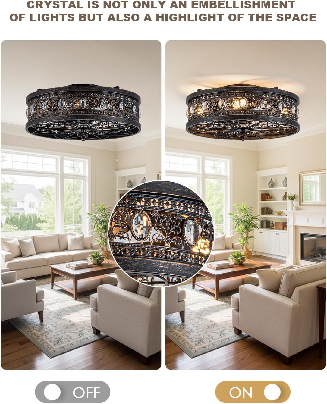 Bella Depot Caged Ceiling Fans with Lights,Vintage Victorian Rustic Crystal Fandelier,Low Profile Flush Mount, Farmhouse Ceiling Fan with Light and Remote for Bedroom,Kitchen,Dining Room