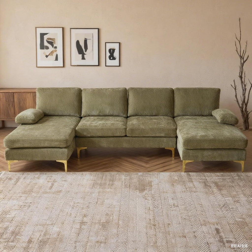 Karl home Convertible Sectional Sofa 110' U-Shape Sofa Couch 4-Seat Couch with Chaise ChenilleFabric Upholstered for Living Room, Apartment, Office, Green
