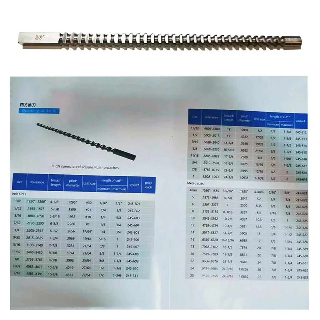 Push-Type Keyway Broach 3/8' Square Broach Inch Size High Speed Steel CNC Cutting Tool Heat Resistance