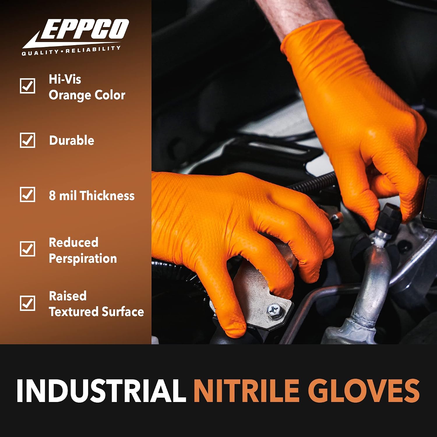 EPPCO TigerGrip 8-Mil Nitrile Glove Disposable Powder, Latex Free Textured Superior Grip Orange Gloves