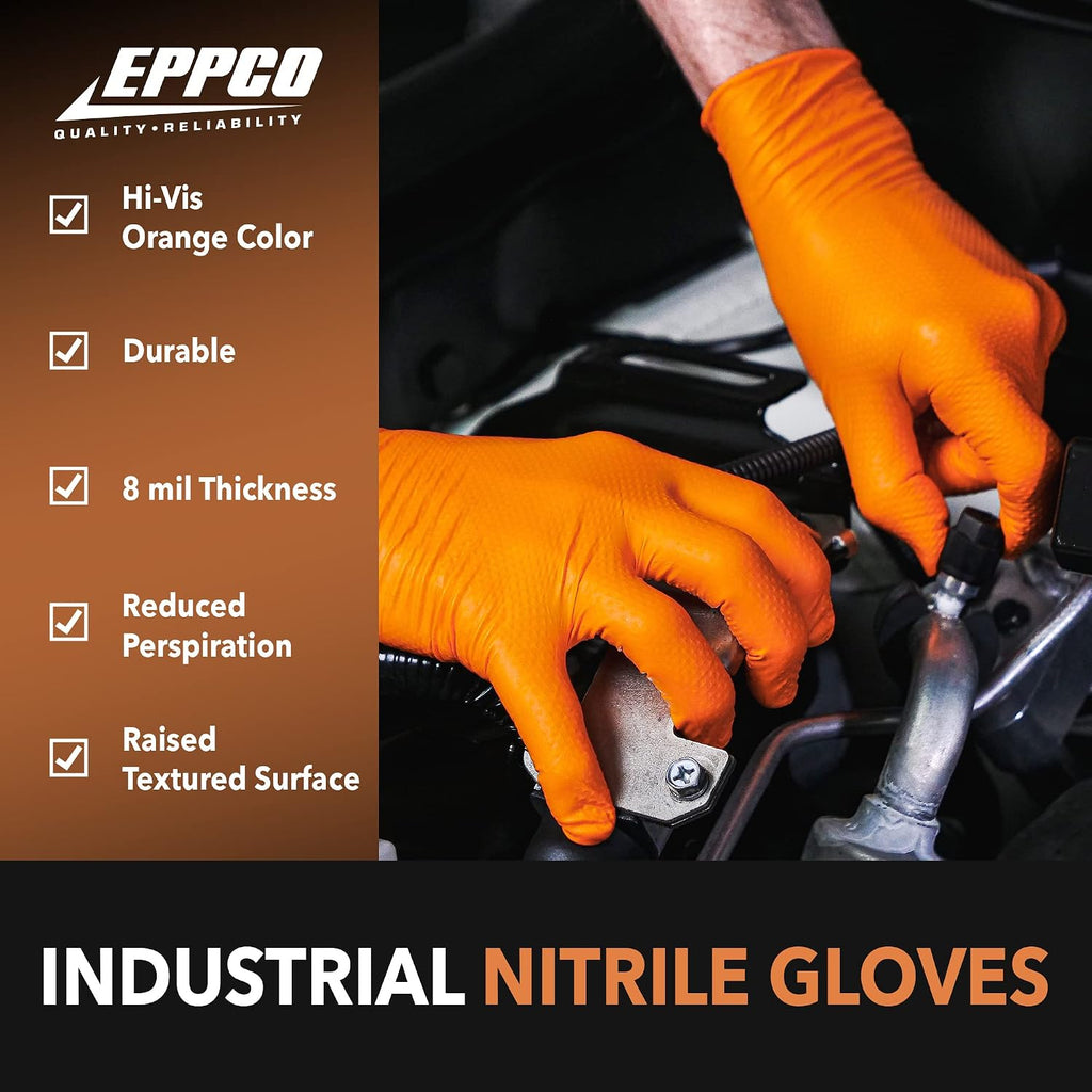 EPPCO TigerGrip 8-Mil Nitrile Glove Disposable Powder, Latex Free Textured Superior Grip Orange Gloves