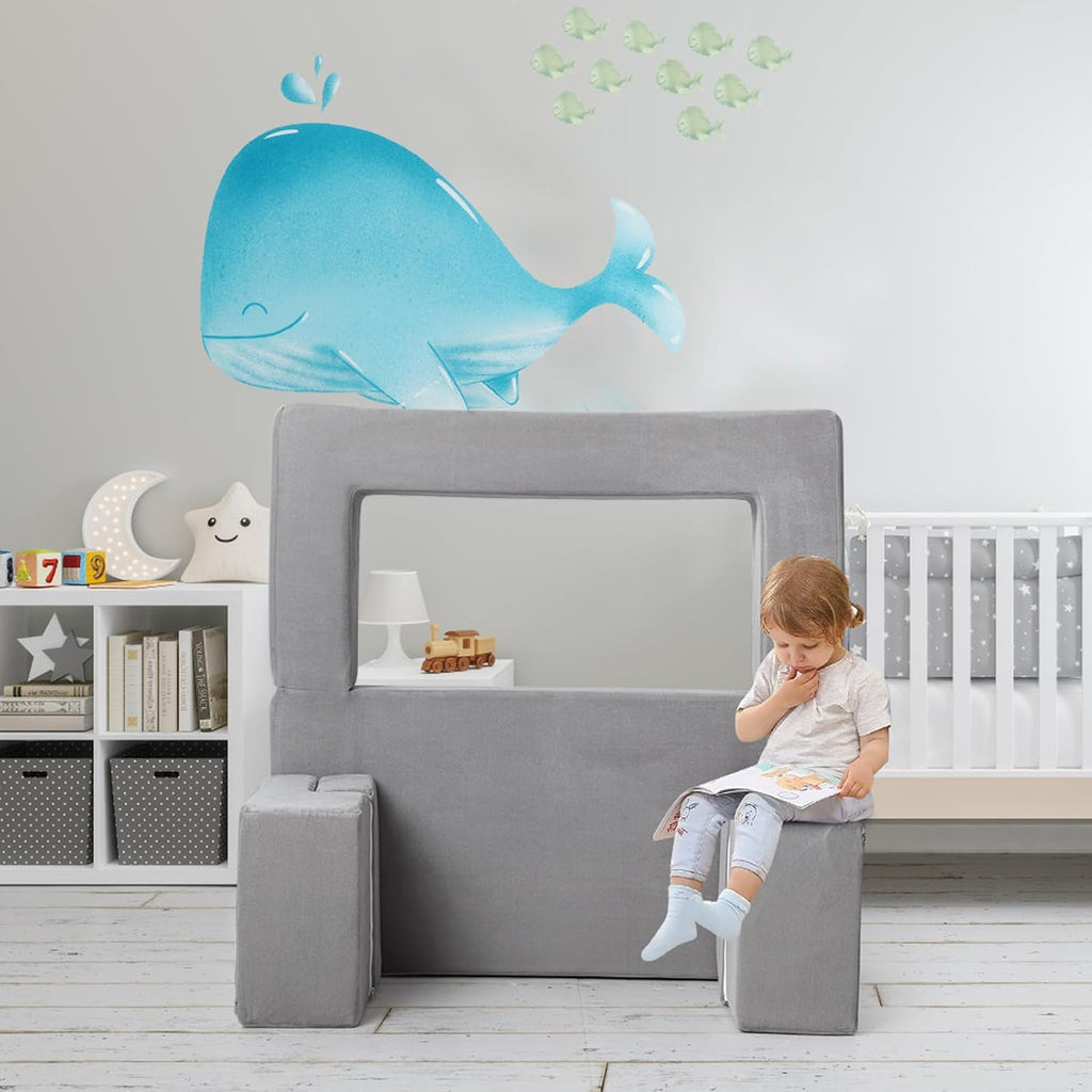 Kids Couch Toddler Play Couch for Bedroom Playroom, 3 in 1 Sectional Sofa for Kids' Play and Rest, Modular Mini Couch for Kids, Grey